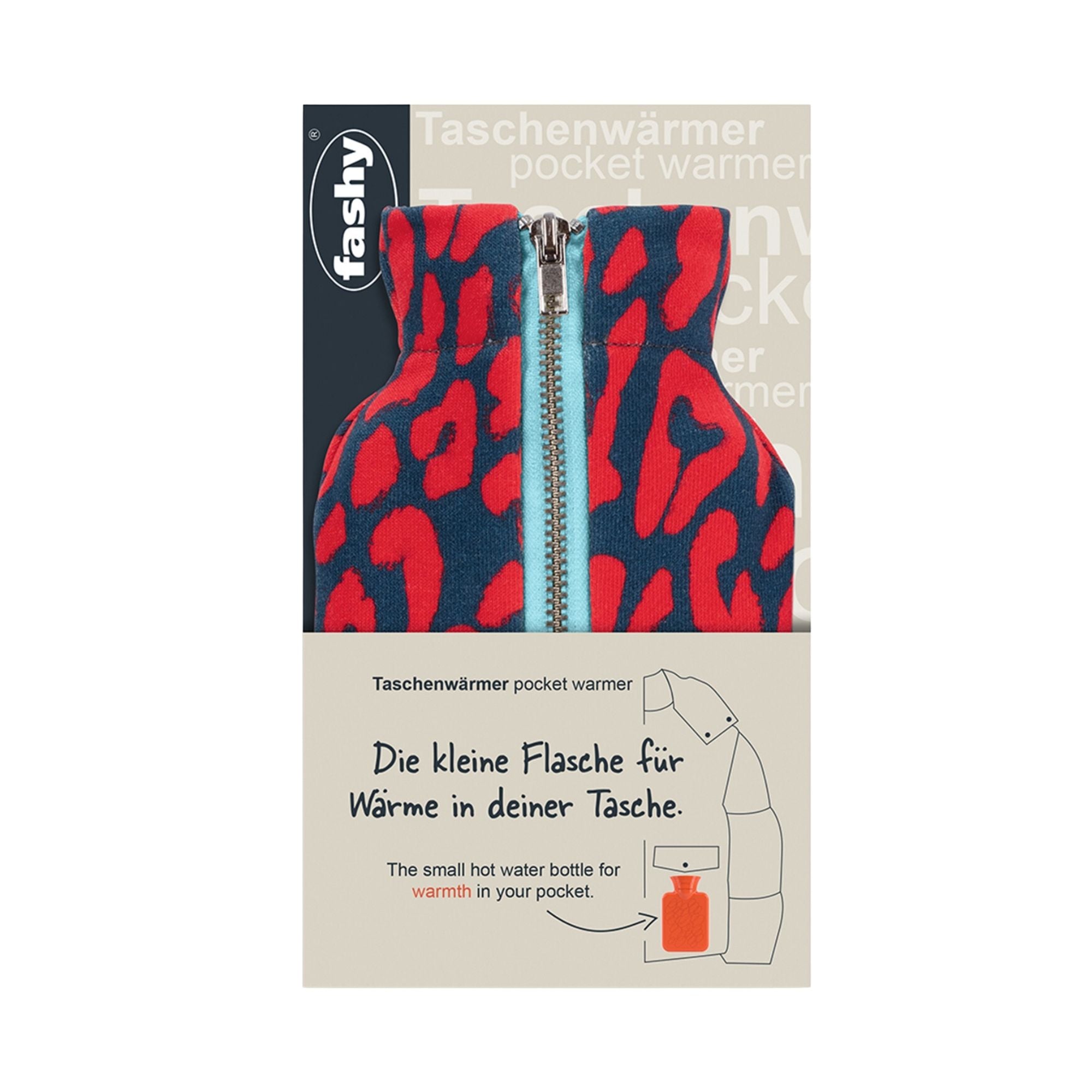 0.3L Mini Hot Water Bottle with Blue & Red Leo Pattern Zip Cover - Portable Pocket Warmer for Travel, Camping & Cold Weather Comfort