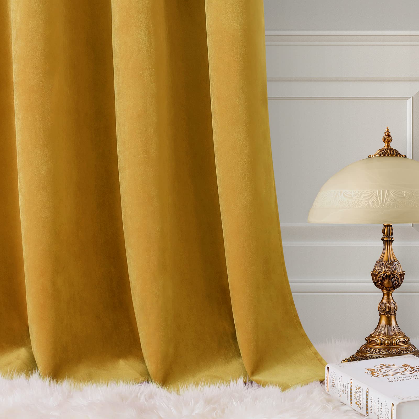 Premium 100% Blackout Velvet Curtains - Mustard Yellow Room Darkening Drapes (52x96 Inch, 2 Panels) for Bedroom & Living Room | Noise Reducing, Thermal Insulated Window Treatments for Better Sleep & Energy Efficiency