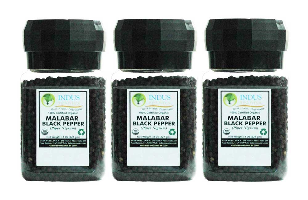 Premium Organic Malabar Black Peppercorns - 8oz (3 Grinder Jars) | High Purity, Freshly Packed | Perfect for Steak, Salad & Gourmet Cooking