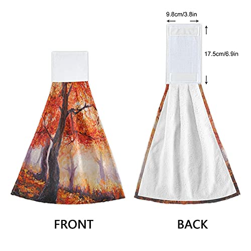 Autumn Maple Forest Kitchen Hanging Hand Towels Set of 2 - Fall Scenery Oil Painting Design, Absorbent Cotton Loop Towels for Thanksgiving - Perfect for Kitchen, Bathroom, Restroom Decor & Holiday Home Decorating