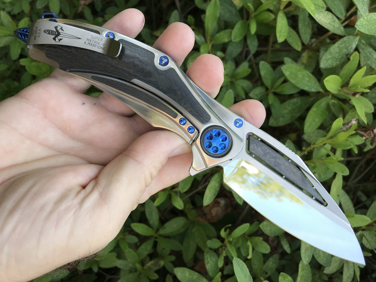 Marfione Super Matrix R Folding Knife - Mirror Polish Blade with Carboquartz Inlay | Tactical EDC Knife for Outdoor Camping, Hunting & Survival
