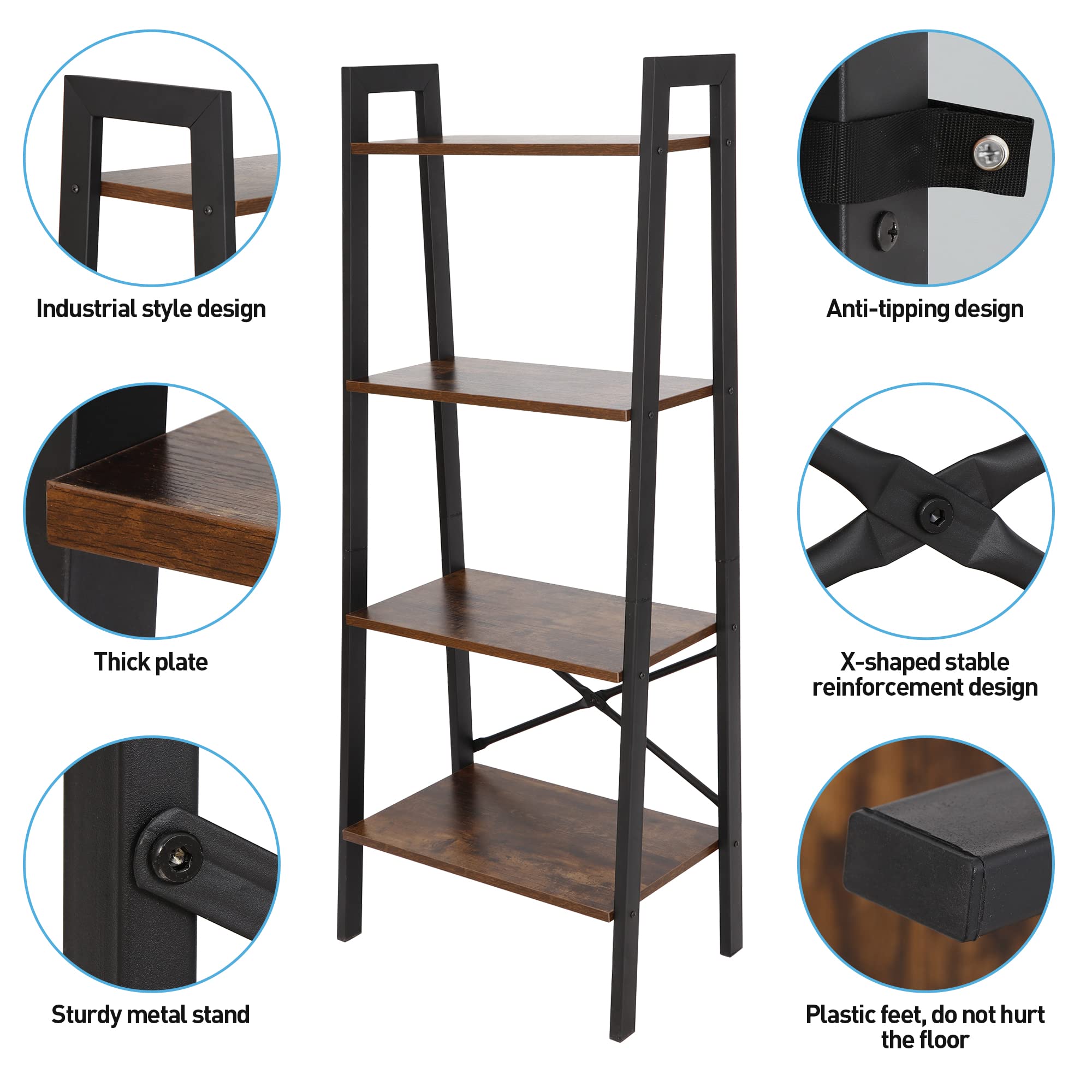 ZenStyle 4-Tier Rustic Ladder Bookshelf - Wood & Metal Leaning Wall Shelf for Home Storage, Decor, Plants | Perfect for Living Room, Bedroom, Office, Kitchen & Bathroom Organization | Space-Saving Corner Bookcase for Books, Flowers & Display