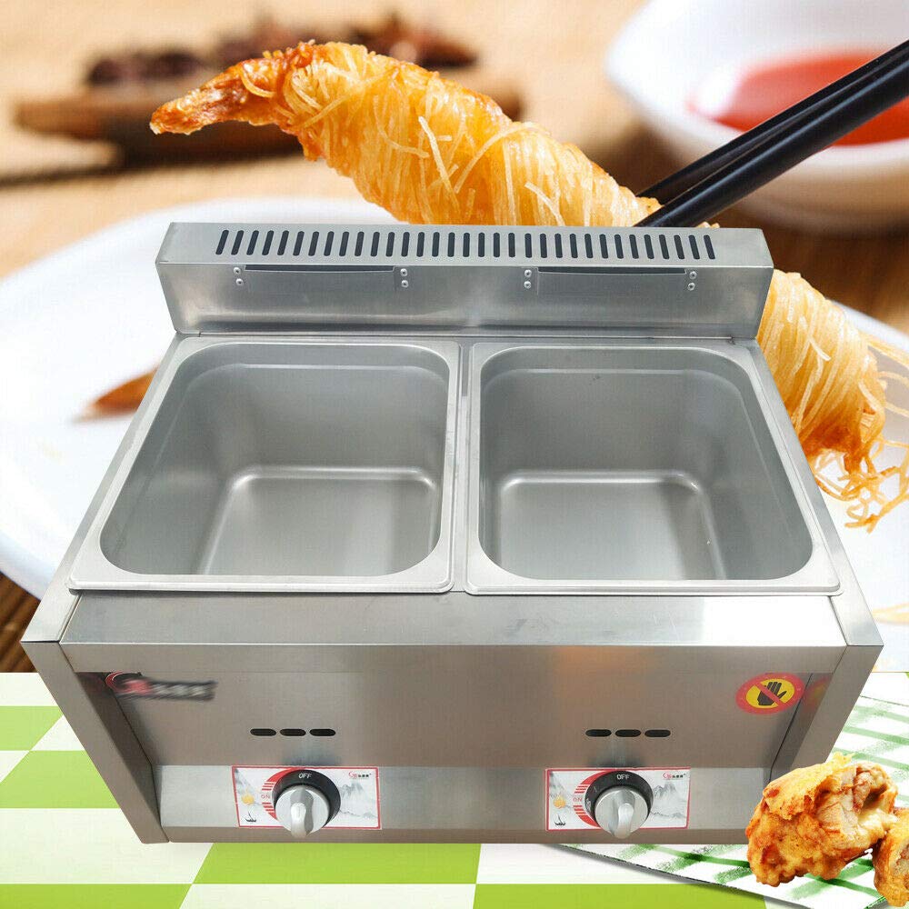 2 Pans Commercial Gas Food Warmer & Deep Fryer - 2x6L Propane Tank Food Heating Pan for Restaurants - No Electric Needed Countertop Cooker - Perfect for Frying, Heating & Serving in Cafes, Diners & Catering Businesses