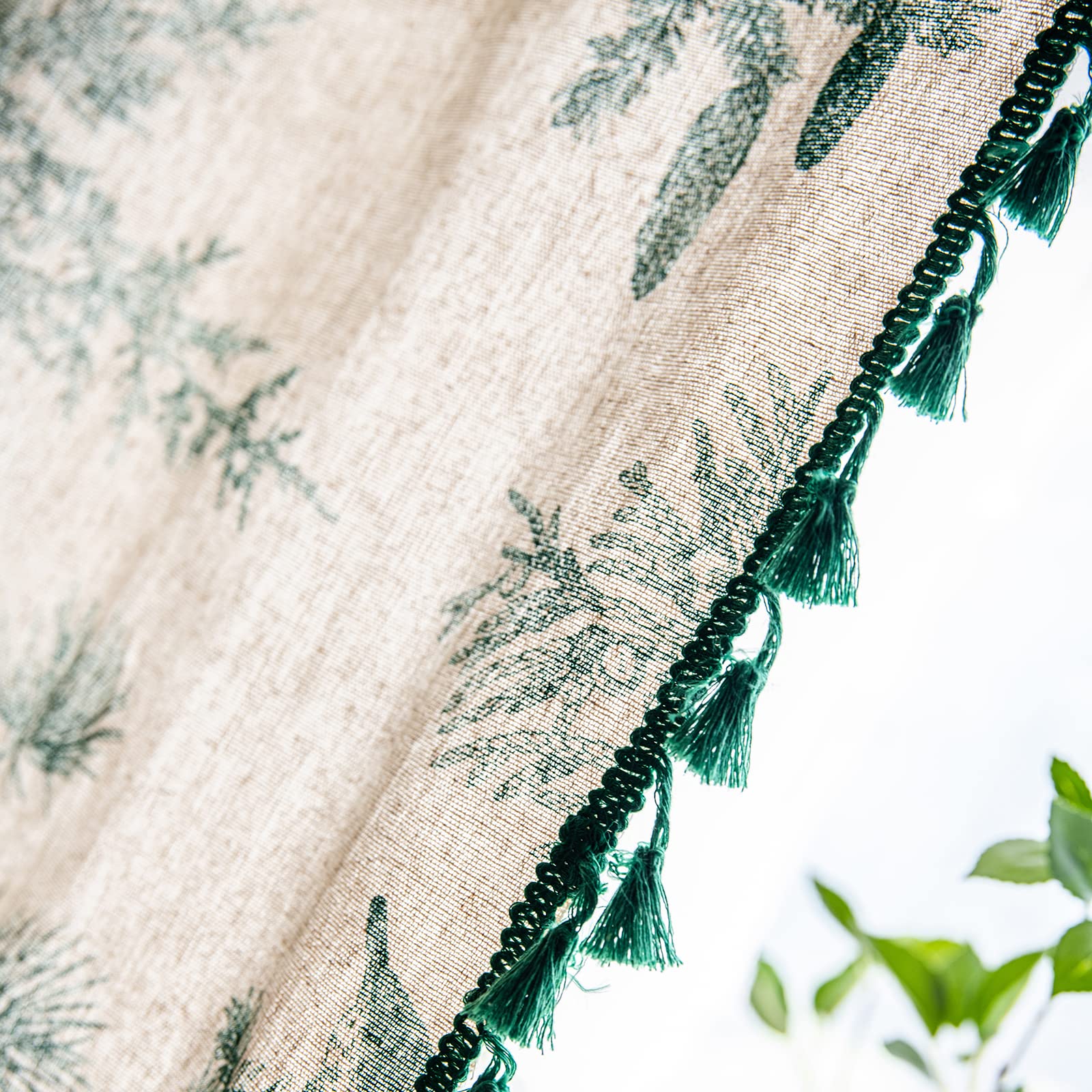 Bohemian Floral Semi-Sheer Cotton Linen Curtains 96 Inch Length - Farmhouse Style with Tassel Trim, Green Botanical Print, Rod Pocket Room Darkening Drapes (2 Panels) for Living Room, Bedroom, Nursery & Boho Home Decor