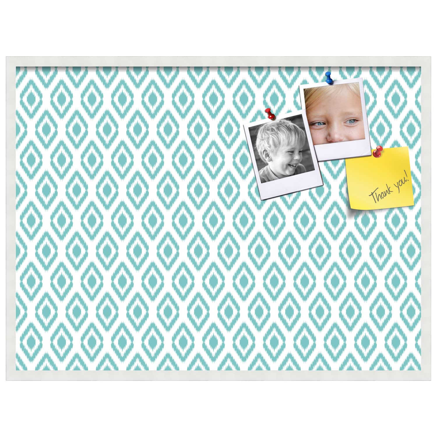 PinPix 40x30 Inch Cork Bulletin Board with Ikat Aqua Design & Satin White Frame - Stylish Decorative Pin Board for Home Office Decor, School Classroom, Dorm Room Organization & Message Display