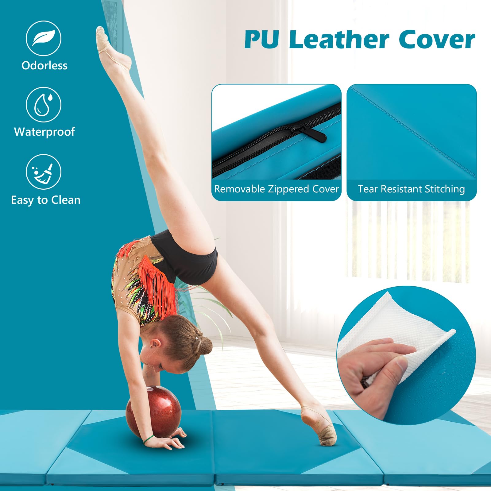 Goplus 10'x4'x2'' Folding Gymnastics Mat - Thick PU Leather Tumbling Mat with Hook & Loop Fasteners & Portable Handles - 4-Panel Exercise Mat for Home Gym, Yoga, Gymnastics, Martial Arts & Kids Play Area