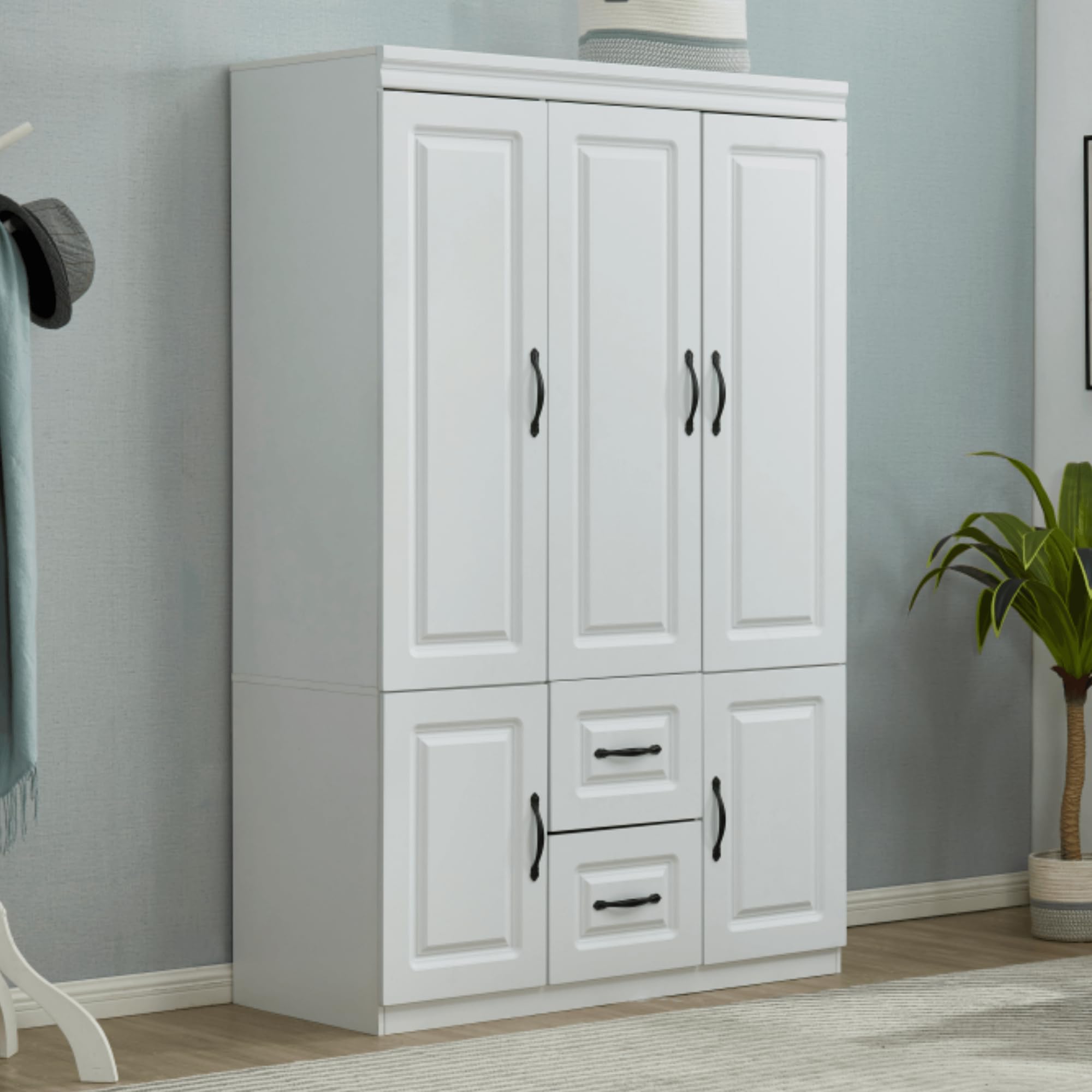 3-Door Wardrobe Closet - Large Freestanding Armoire Cabinet with Hanging Rod & Shelves, White Wooden Bedroom Storage Organizer (47.3