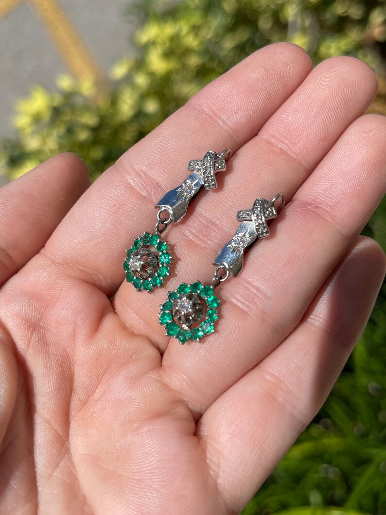 1.07tcw 14K Gold Vintage Dark Vivid Green Colombian Emerald & Diamond Halo Dangle Earrings - Anniversary Gift for Her, Wedding Jewelry, Special Occasion Accessories