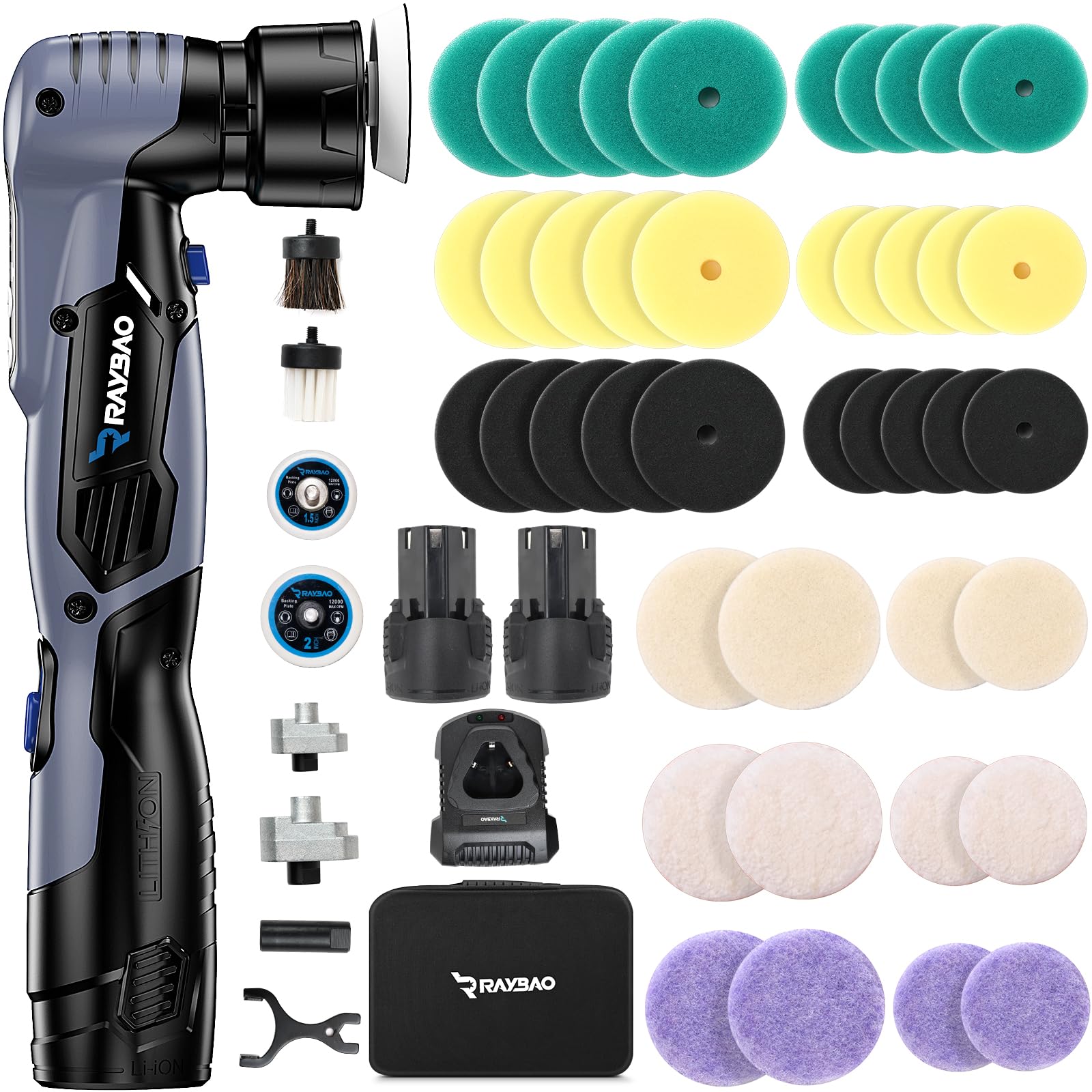 12V Cordless Mini Polisher with 2/1.5 inch Backing Plate - 6 Speed Variable DA/RO Car Buffer - Includes 53 Accessories for Professional Auto Detailing & Polishing - Perfect for Cars, Boats, Motorcycles & RV Surface Restoration