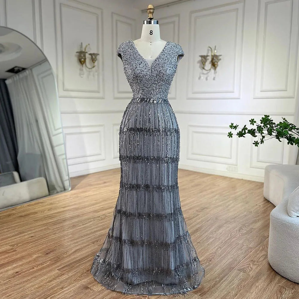 Luxury Dubai Arabic Mermaid Evening Gown with Gold Tassel Beading - Elegant Women's Wedding Party Dress 2025 (LA72581) | Perfect for Bridal Showers, Red Carpet Events & Formal Occasions