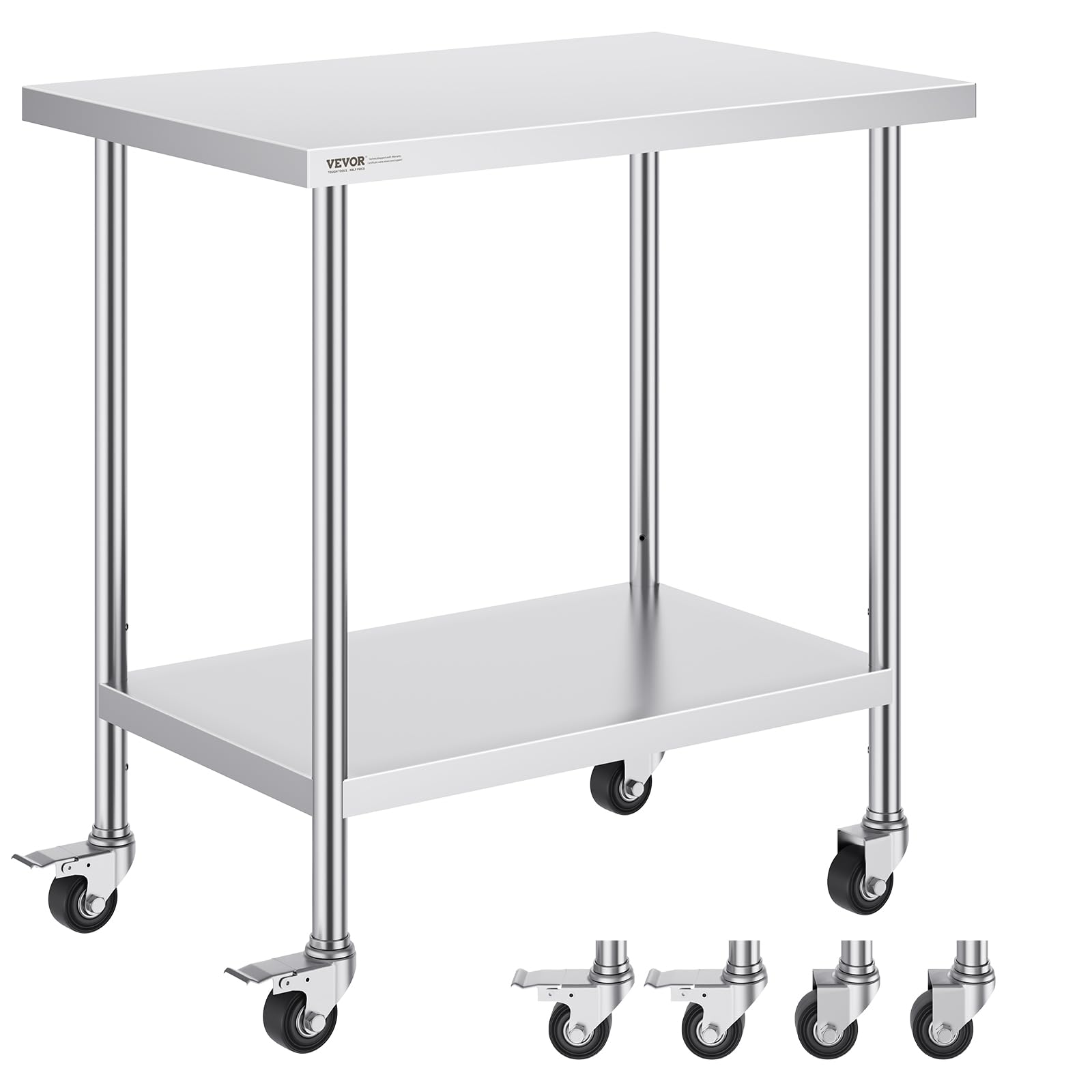 VEVOR 24 x 36 x 38 Inch Stainless Steel Commercial Work Table with 4 Wheels & 3 Adjustable Heights - Heavy Duty Food Prep Table for Restaurant Kitchen, Catering, Bakery - Silver (Ideal for Food Preparation, Buffet Serving, and Commercial Cooking)
