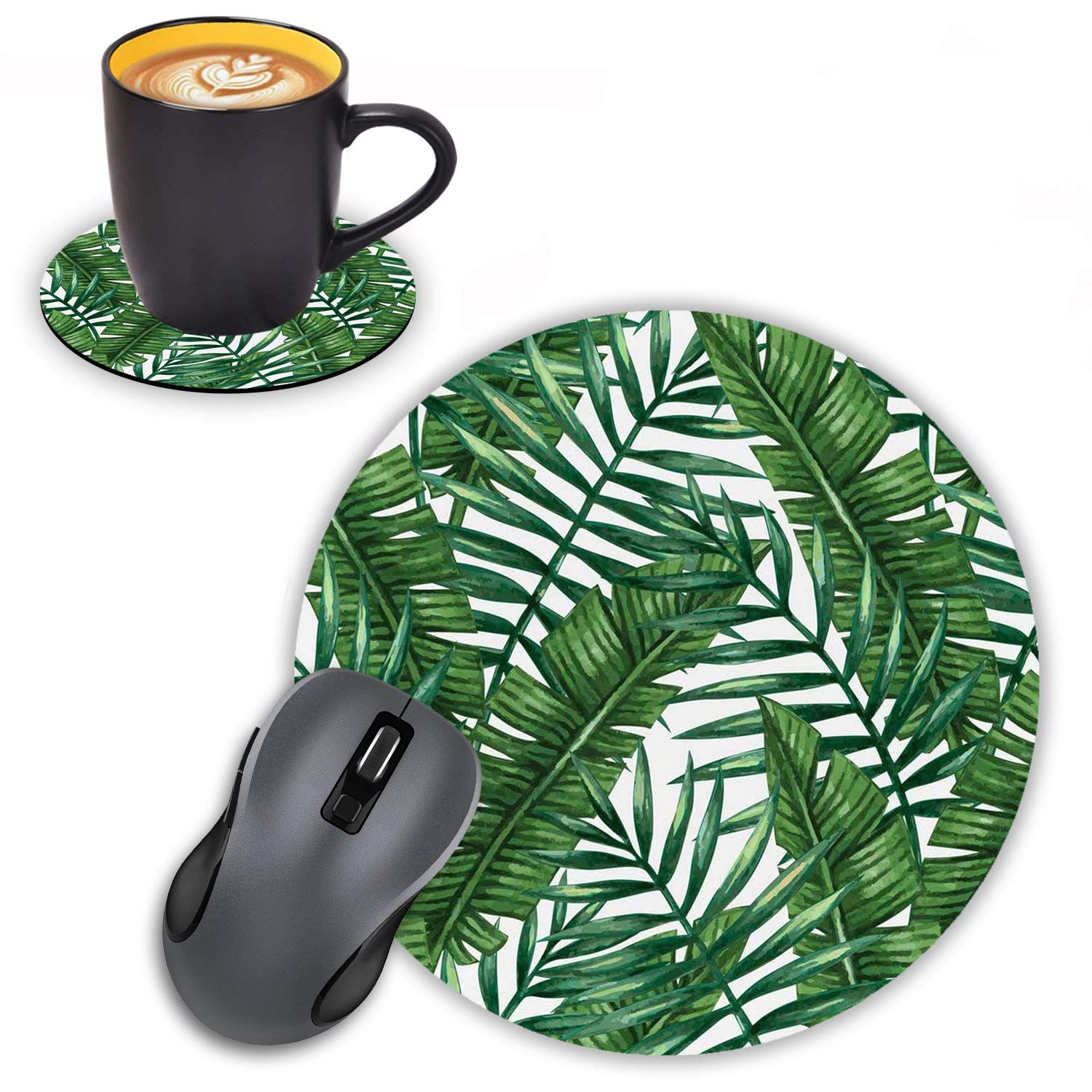 Non-Slip Tropical Palm Leaves Round Mouse Pad with Coasters Set - Ergonomic Rubber Mousepad for Computer & Laptop - Perfect Office Accessories & Desk Decor for Home, Gaming, and Workstations