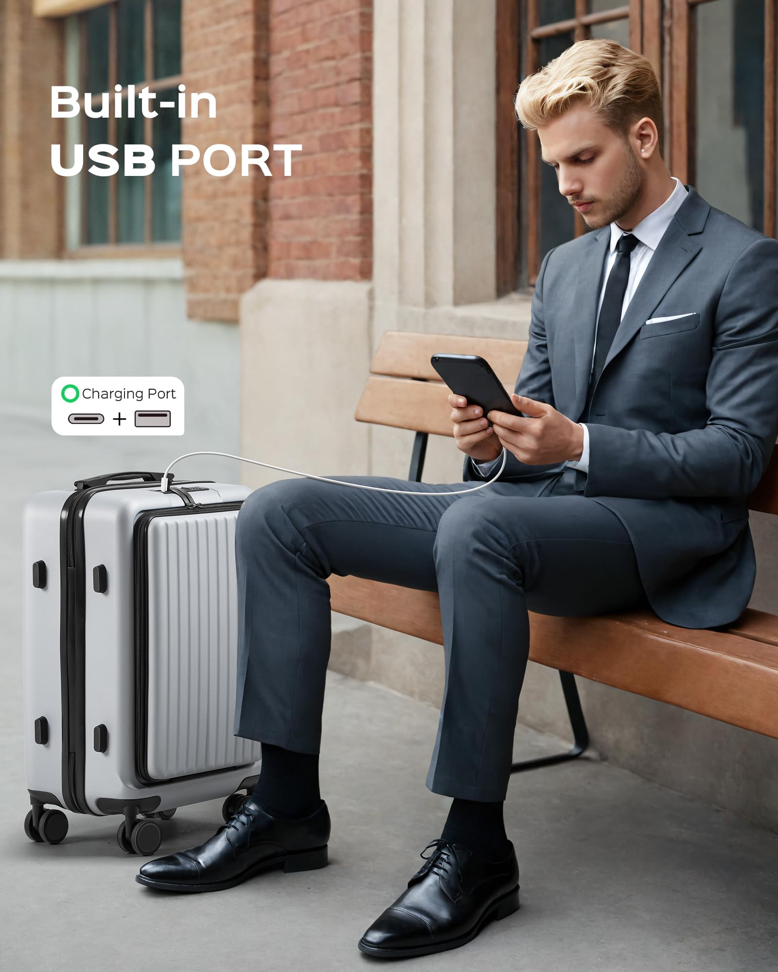 Suitour 22x14x9 Inch Carry On Luggage - Airline Approved Hard Shell Spinner Suitcase with Front Pocket & USB Charging Port for Men & Women - Perfect for Business Travel, Weekend Getaways & Airplane Trips