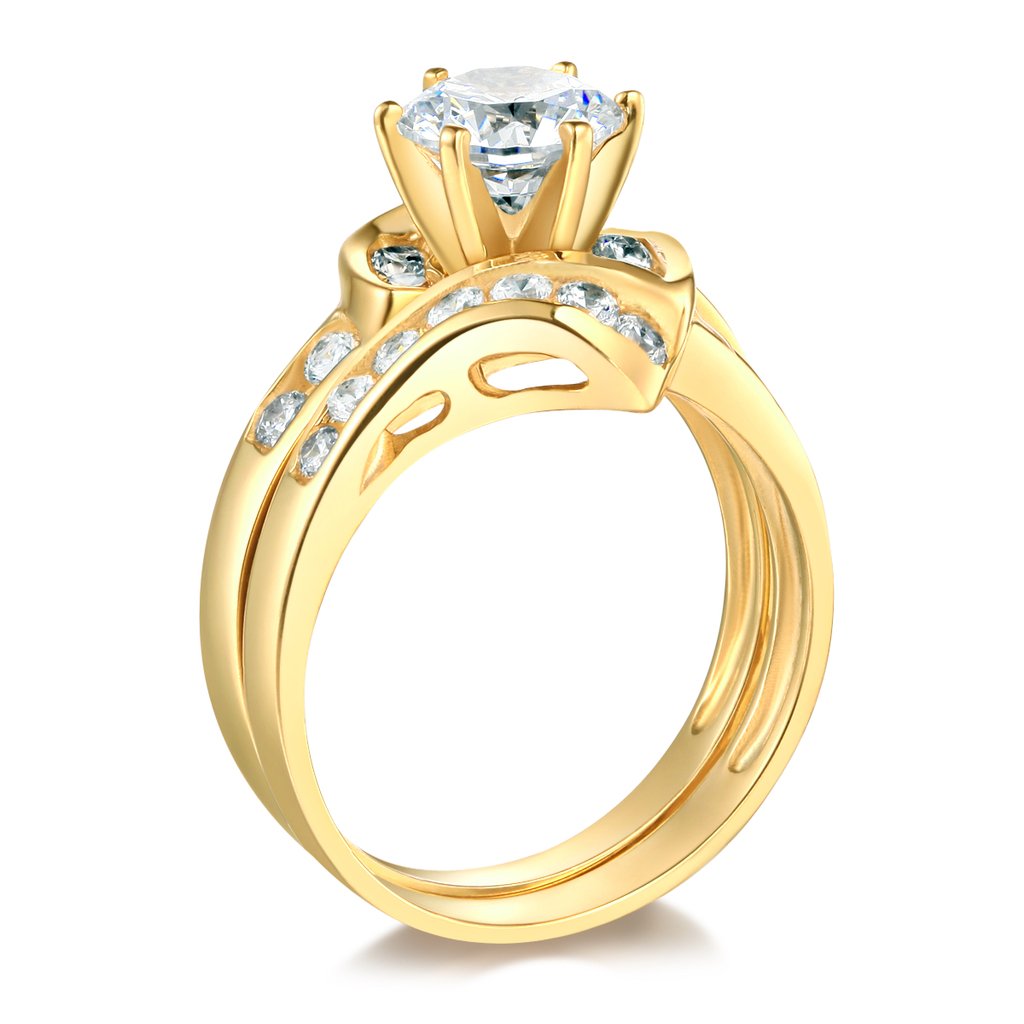14K Solid Yellow Gold Wedding Engagement Ring and Band 2-Piece Set - Size 7 - Perfect for Proposals, Anniversaries & Bridal Jewelry Gifts