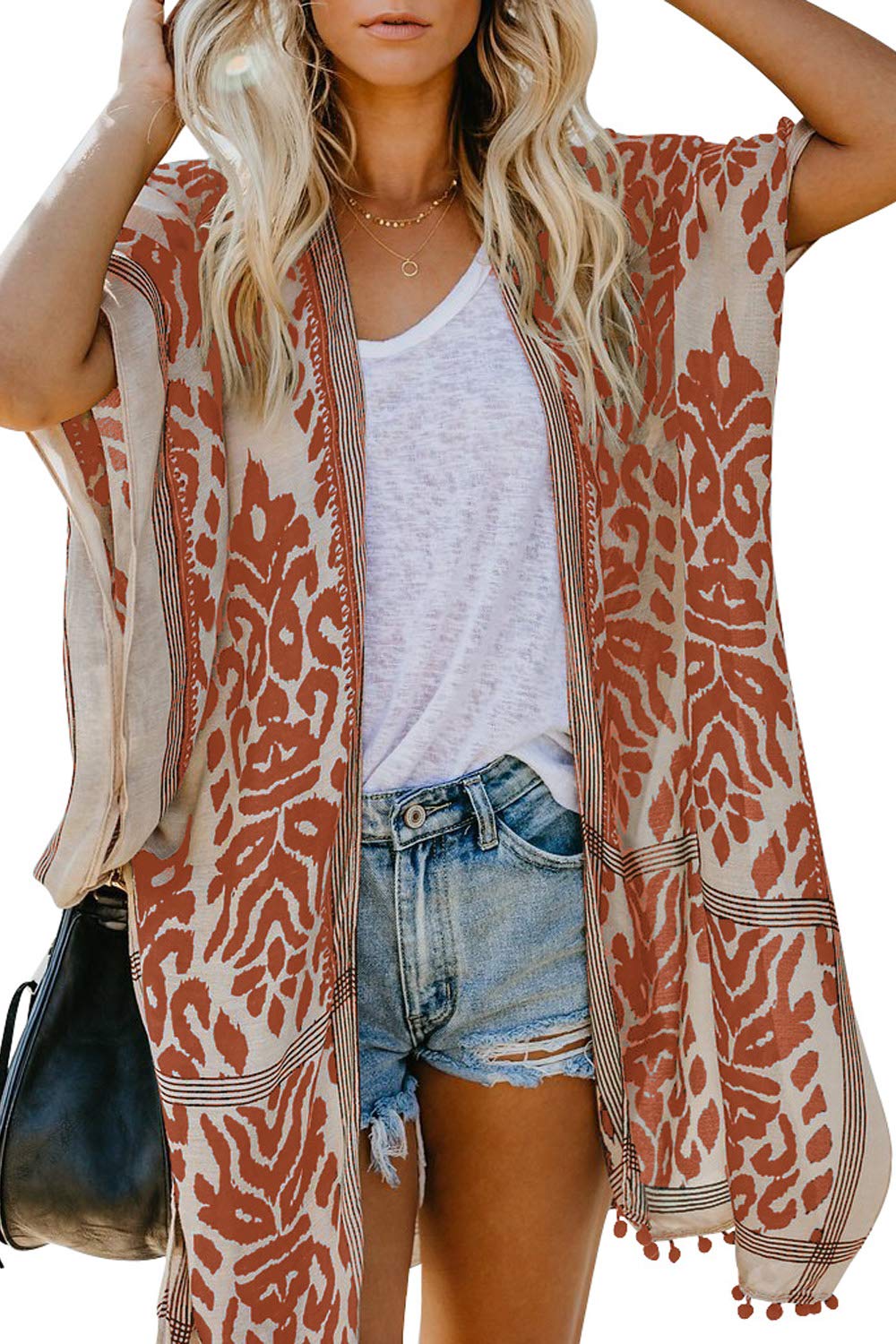 Women's Floral Print Kimono Beach Cover Up - Lightweight Tassel Cardigan for Swimsuits, Summer Outfits & Casual Wear - Perfect for Poolside, Vacations & Boho Fashion (C-Orange)