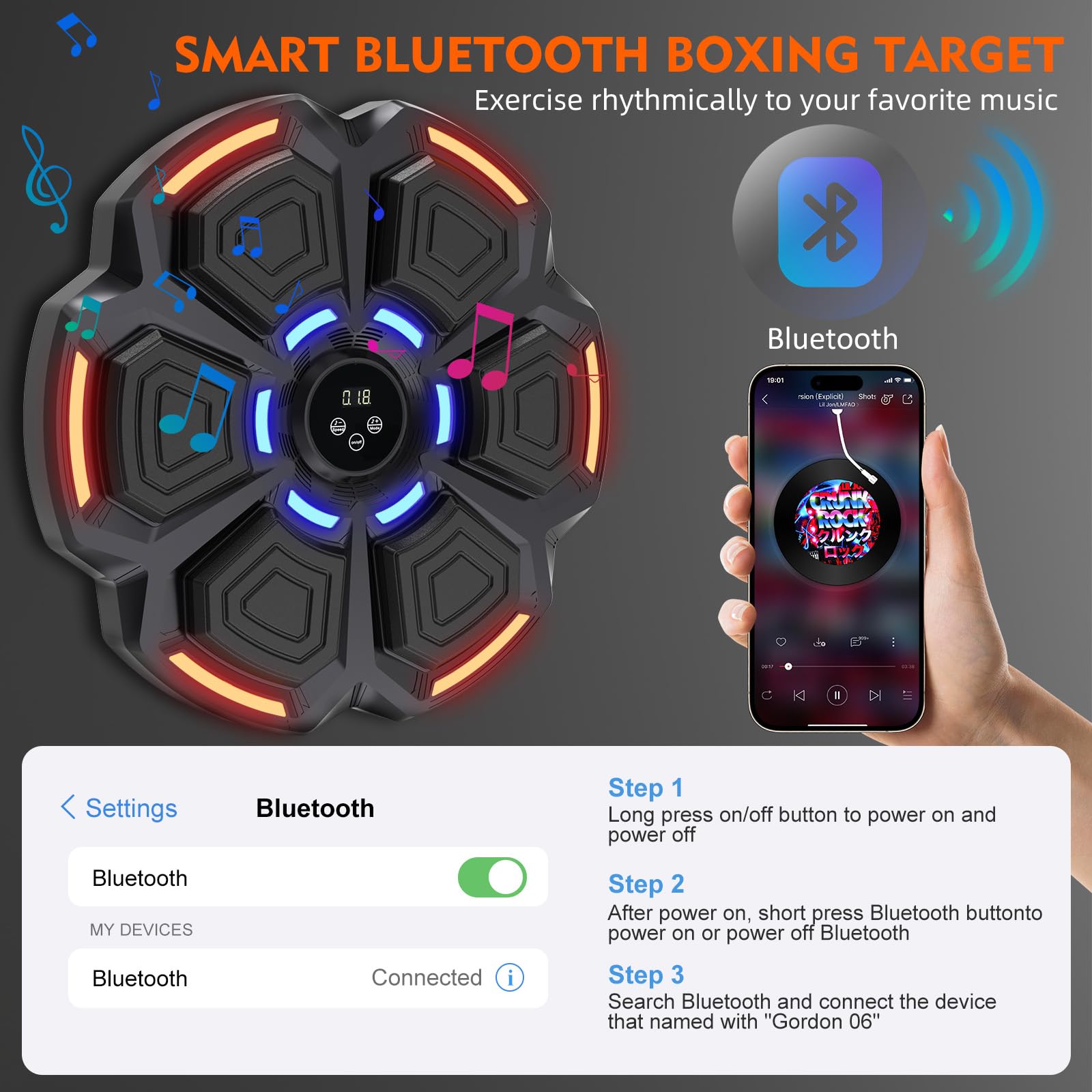 Snawowo Bluetooth Music Punching Bag for Adults - LED Boxing Training Equipment with Gloves, 9 Modes & 9 Speeds, Wall Mounted Home Gym Workout Machine for Indoor Fitness & Stress Relief | Perfect for Home Gym, Boxing Training, Cardio Exercise & Stress Management
