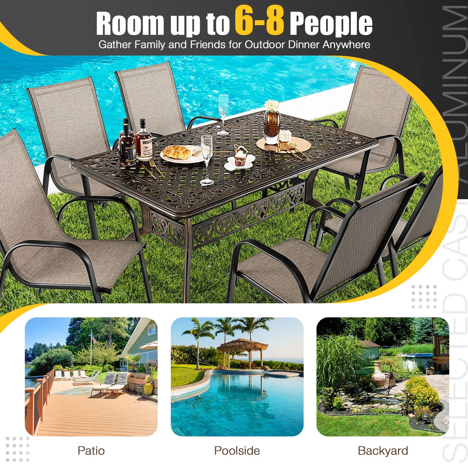 Tangkula 59 Inch Outdoor Dining Table - All-Weather Cast Aluminum Patio Table with Umbrella Hole - 6-8 Person Rectangular Garden Table for Backyard, Poolside & Outdoor Entertaining (Bronze)