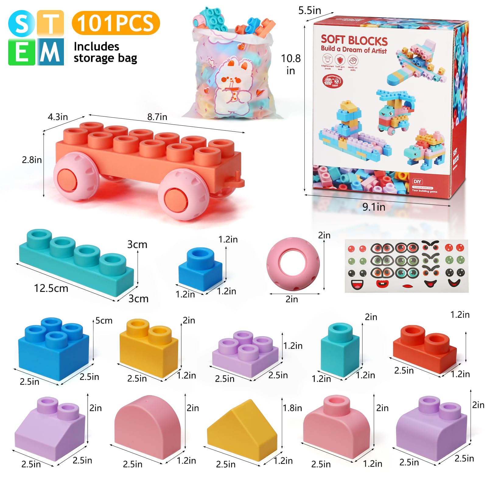 Soft Building Blocks for Toddlers Ages 2-6 Years | 101-Piece Educational Preschool Toy Set with Storage Bag | STEM Learning & Interactive Play | Perfect Gift for Kids 18+ Months | Great for Daycare, Homeschool & Family Game Night