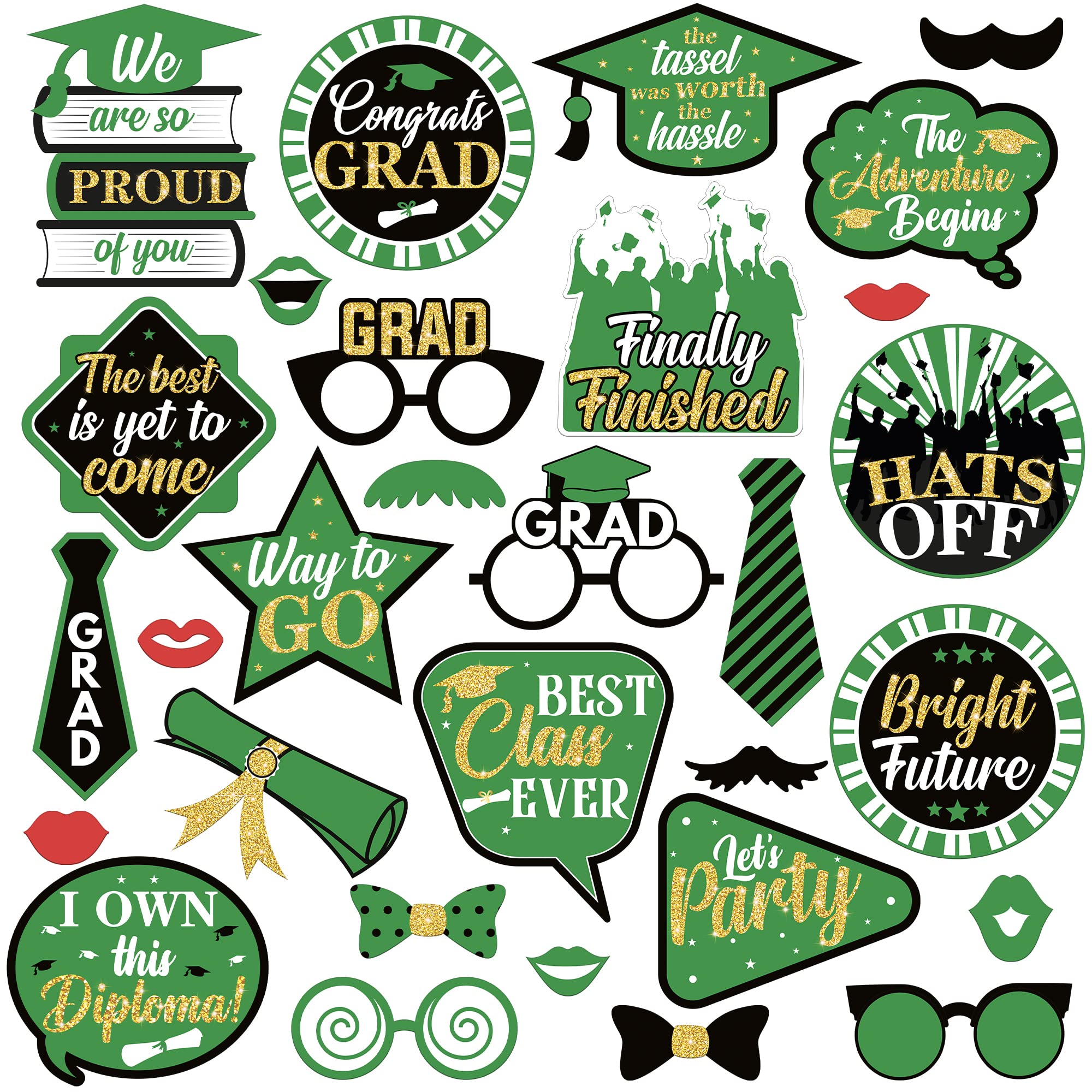 KatchOn 2025 Graduation Photo Booth Props - 30-Piece Glitter Decor Set (Black & Green) | Class of 2025 Party Supplies for Graduation Photoshoots, Ceremony Backdrops & Senior Night Celebrations