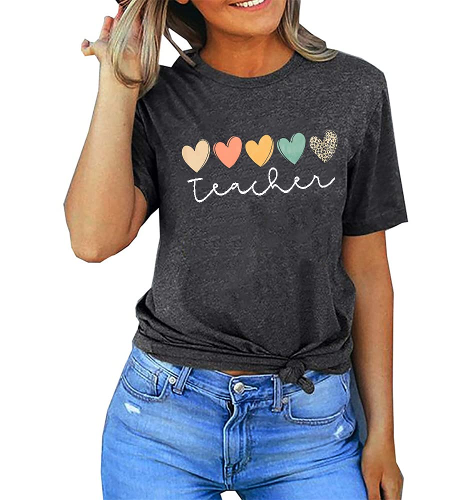 Cute Hearts Graphic Teacher T-Shirt for Women - Boho Style Short Sleeve Casual Summer Top - Perfect for Classroom, Teacher Appreciation Week & Back to School Outfits