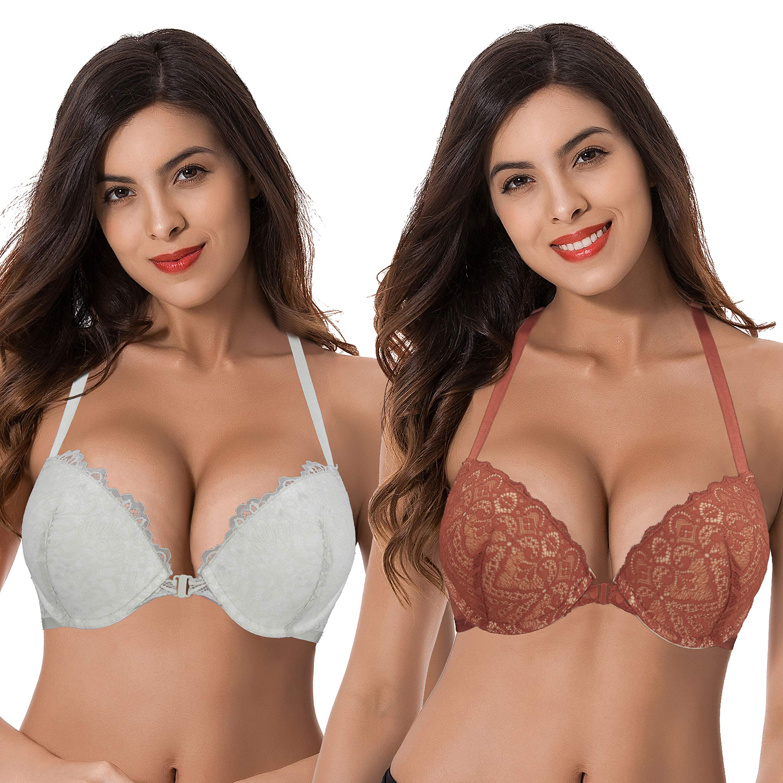 Curve Muse Women's Push Up Bra - Adds 1.5 Cup Sizes, Underwire Halter Front Closure Bra for Lift & Support | Perfect for Low-Cut Tops, Evening Wear & Special Occasions