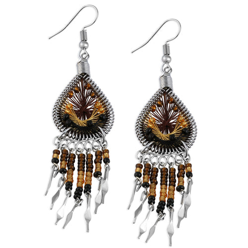 Stainless Steel Peruvian Brown Silk Thread Beaded Dangle Earrings | Handmade Boho Jewelry for Women | Perfect for Parties, Weddings & Everyday Wear