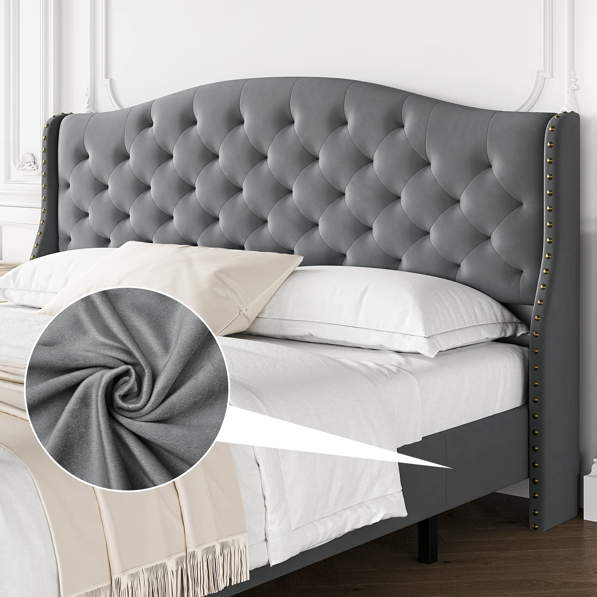 Alkmaar King Size Bed Frame with Upholstered Headboard & Footboard - Velvet Tufted Platform Bed, No Box Spring Required, Easy Assembly, Grey - Perfect for Master Bedroom, Guest Room & Modern Home Decor