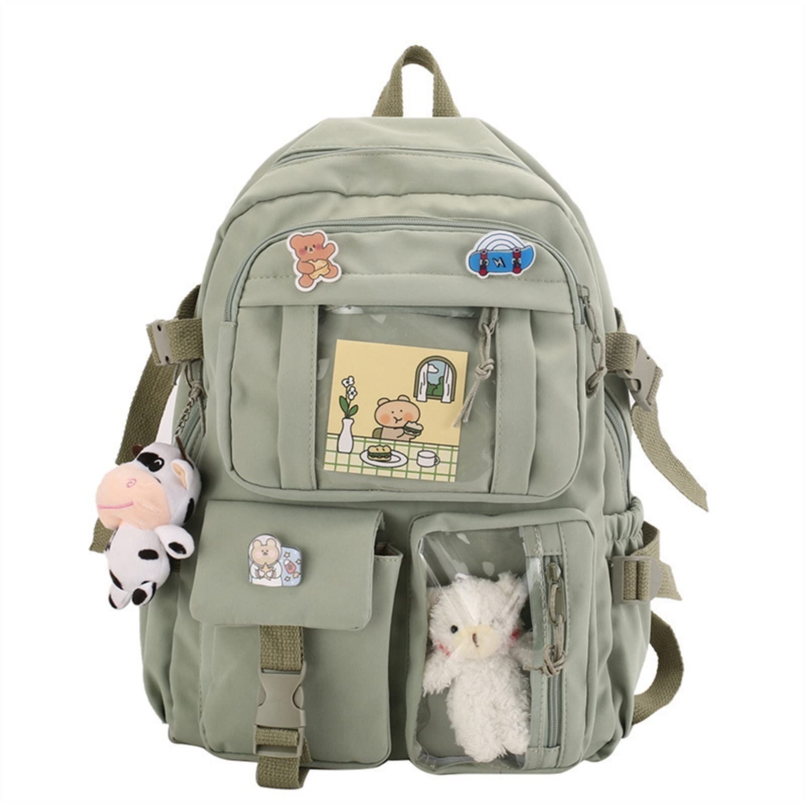 Kawaii Backpack for Girls with Pin - School & Travel (A-Green)