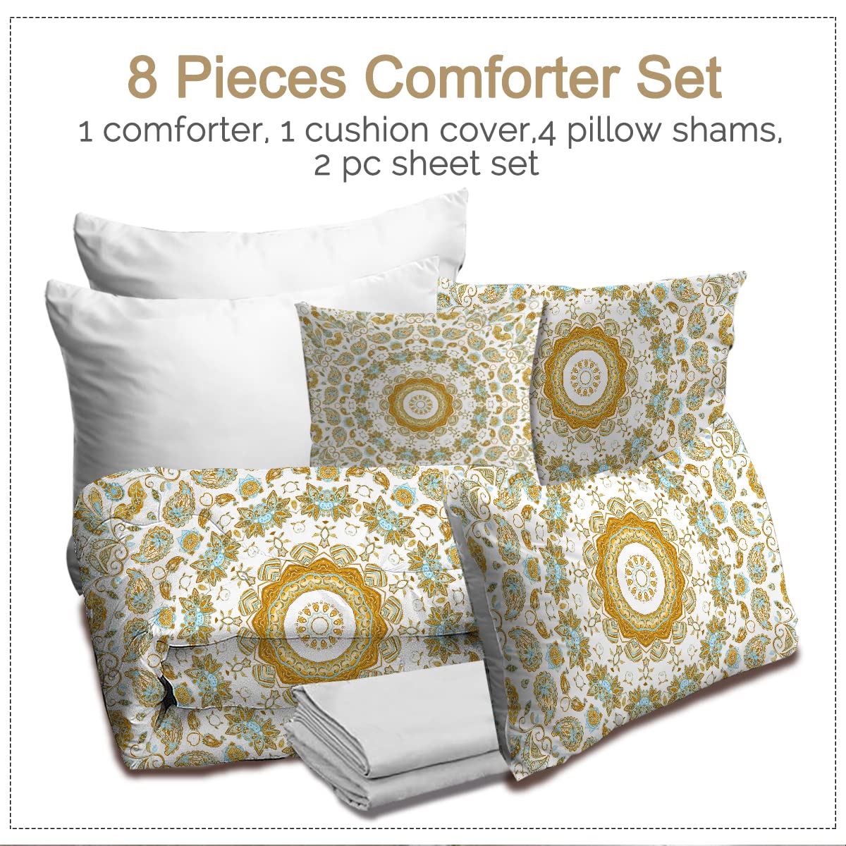 BlessLiving Yellow Mandala Comforter Set - 8 Piece Bohemian Flower Bedding Collection with Lightweight Queen Comforter, Sheets, Pillowcases, Shams & Cushion Cover for Cozy Bedroom Decor | Perfect for Guest Rooms, Dorms & Boho Chic Home Styling