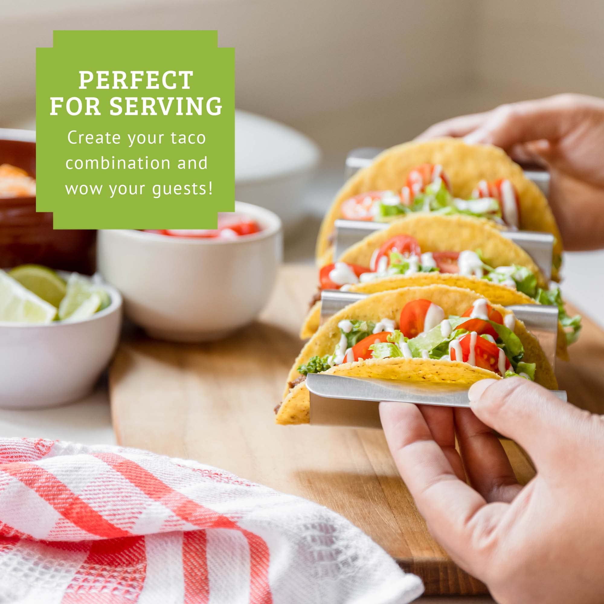 Premium Stainless Steel Taco Holder Set of 6 - Dishwasher & Grill Safe Taco Stands with Handles, BPA-Free Metal Taco Shell Rack - Perfect for Taco Night, BBQs, Parties & Mexican Food Serving