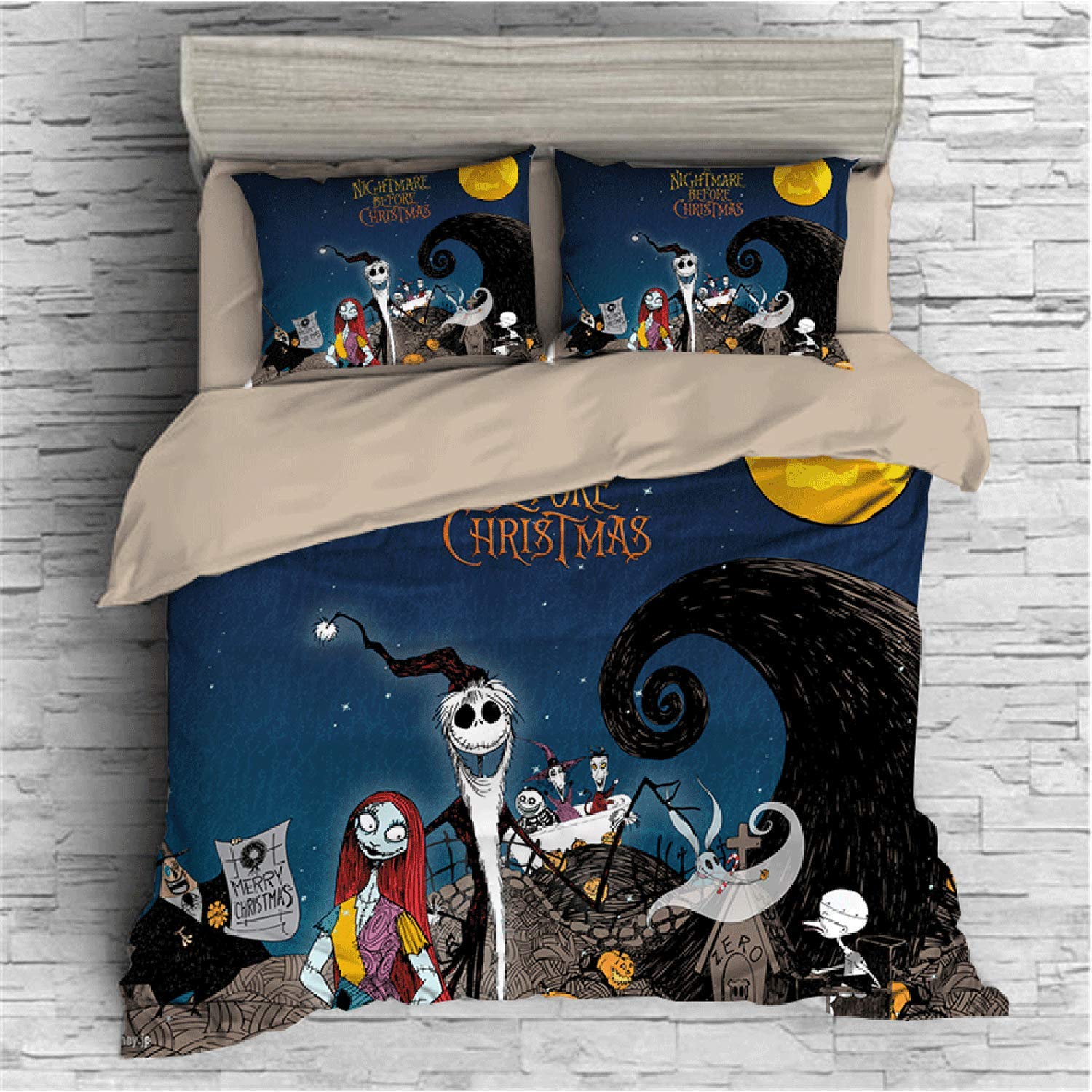 **Nightmare Before Christmas 3D Anime Duvet Cover Set - Queen Size Microfiber Bedding with 1 Comforter Cover & 2 Pillowcases - Soft Kids Bedroom Decor for Halloween & Christmas Themed Rooms**