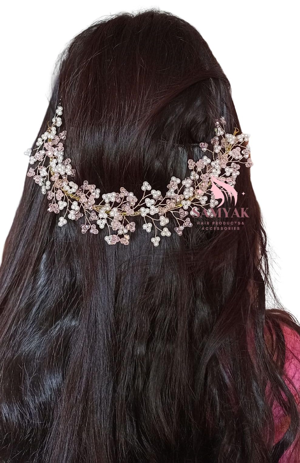 Samyak Crystal Pearl Hair Tiara Headband - Elegant Bridal Hair Accessory for Women | Wedding, Bridesmaid, Prom, Party | Sparkling Hair Vine with Pearls for Updo, Bun, or Half-Up Styles (Pink, 1 Pack)