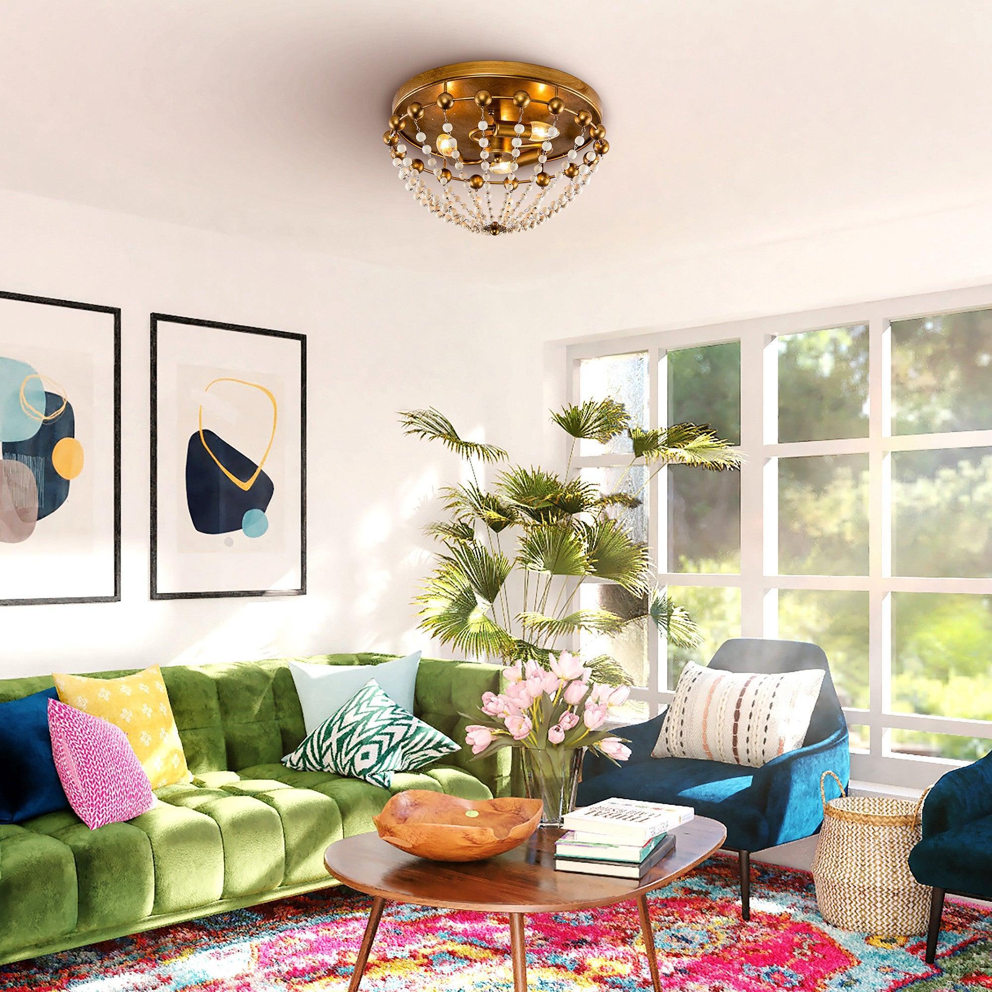 3-Light Golden Bohemian LED Flush Mount Ceiling Light - Modern & Stylish Lighting for Living Room, Bedroom, or Dining Area
