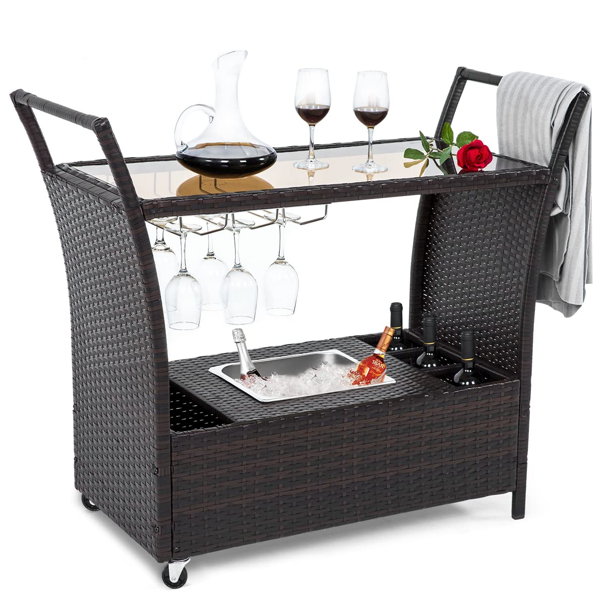 Premium Outdoor Rolling Wicker Bar Cart with Removable Ice Bucket, Glass Countertop & Wine Glass Holders - Rattan Serving Cart with Storage for Pool Parties, Backyard BBQs & Patio Entertaining