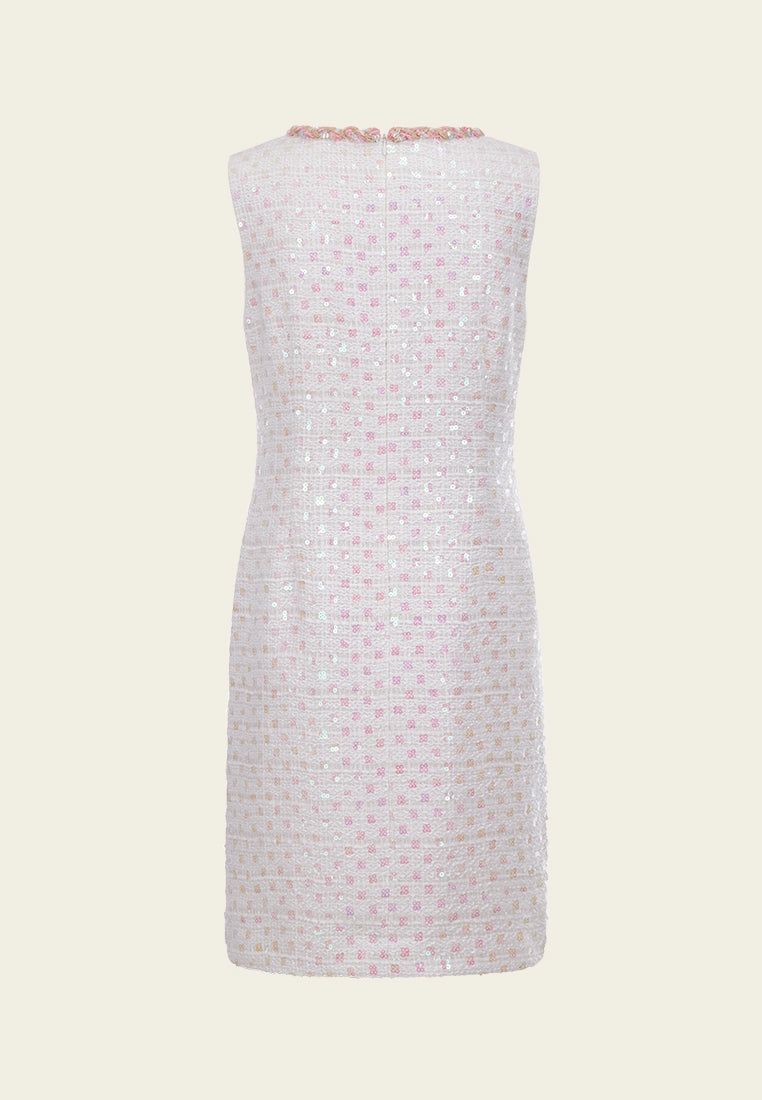 Elegant White Beaded Sequin Sleeveless Tweed Dress for Women - Perfect for Cocktail Parties, Weddings & Evening Events