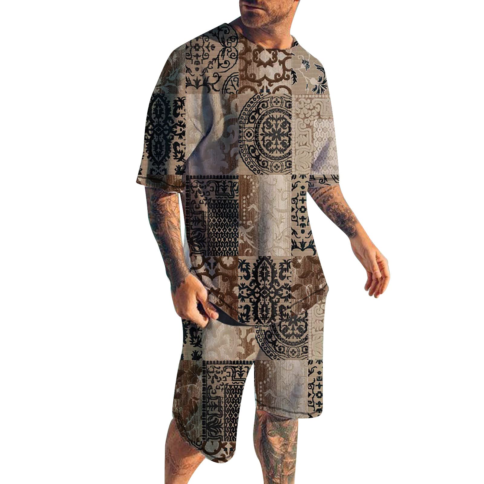 Men's Beach Short Sleeve Crewneck Shirts & Shorts 2-Piece Set - Comfortable Workout Tracksuit with Pockets for Summer Vacation, Gym & Casual Wear | 2023 Trendy Athletic Outfit