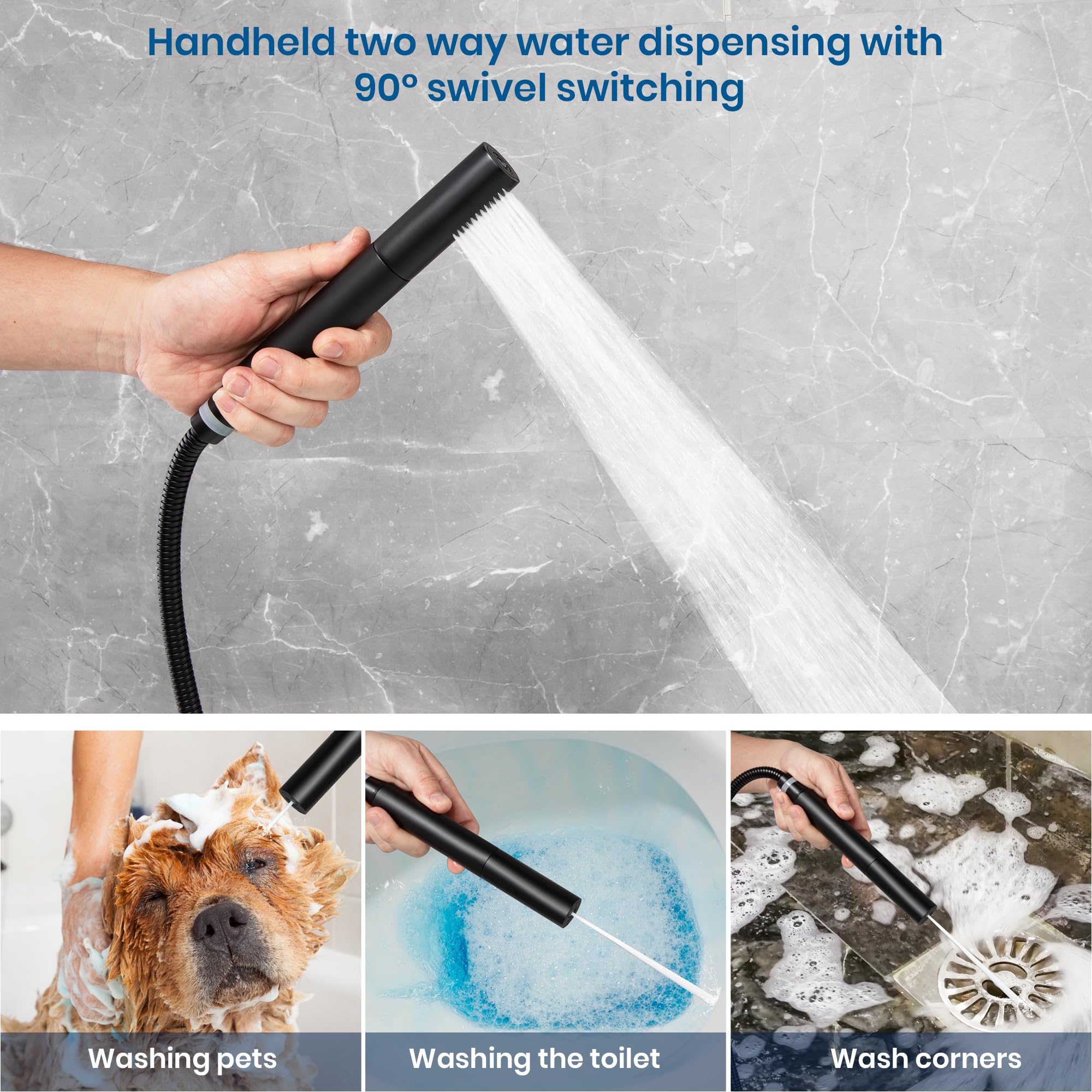 SKOWLL Roman Tub Faucet with Sprayer - Matte Black Deck Mount Bathtub Faucet Set with Handheld Shower & Waterfall Spout - Widespread Bathroom Faucet for Luxury Soaking Tubs (Perfect for Spa-Like Bathroom Upgrades & Relaxing Bubble Baths)