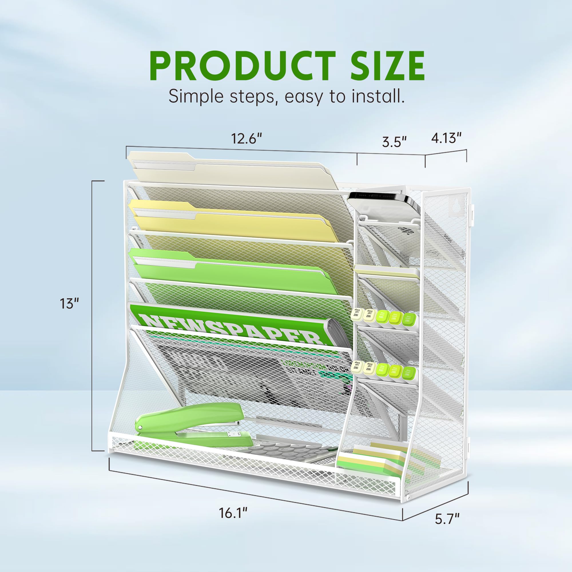 SUPEASY 5-Tier Wall File Organizer with 4 Pen Holders & R-Shaped Bottom Tray - White Office Desk Organizer for Documents, Papers & Supplies - Perfect for Home Office, Workspace & School Organization