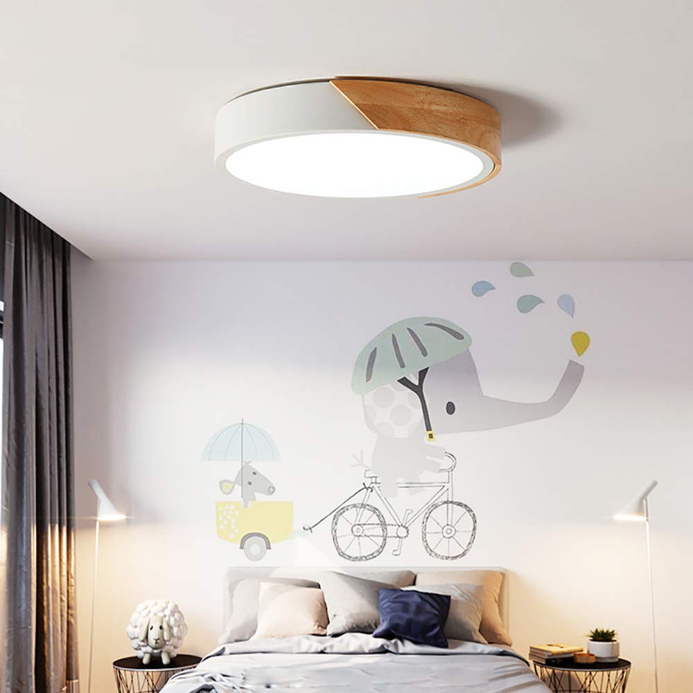 Modern Minimalist LED Flush Mount Ceiling Light - 19 Inch Round Dimmable Fixture with Remote Control (Wood, Metal & Acrylic, White) - Perfect for Living Room, Bedroom, Kitchen and Office Lighting