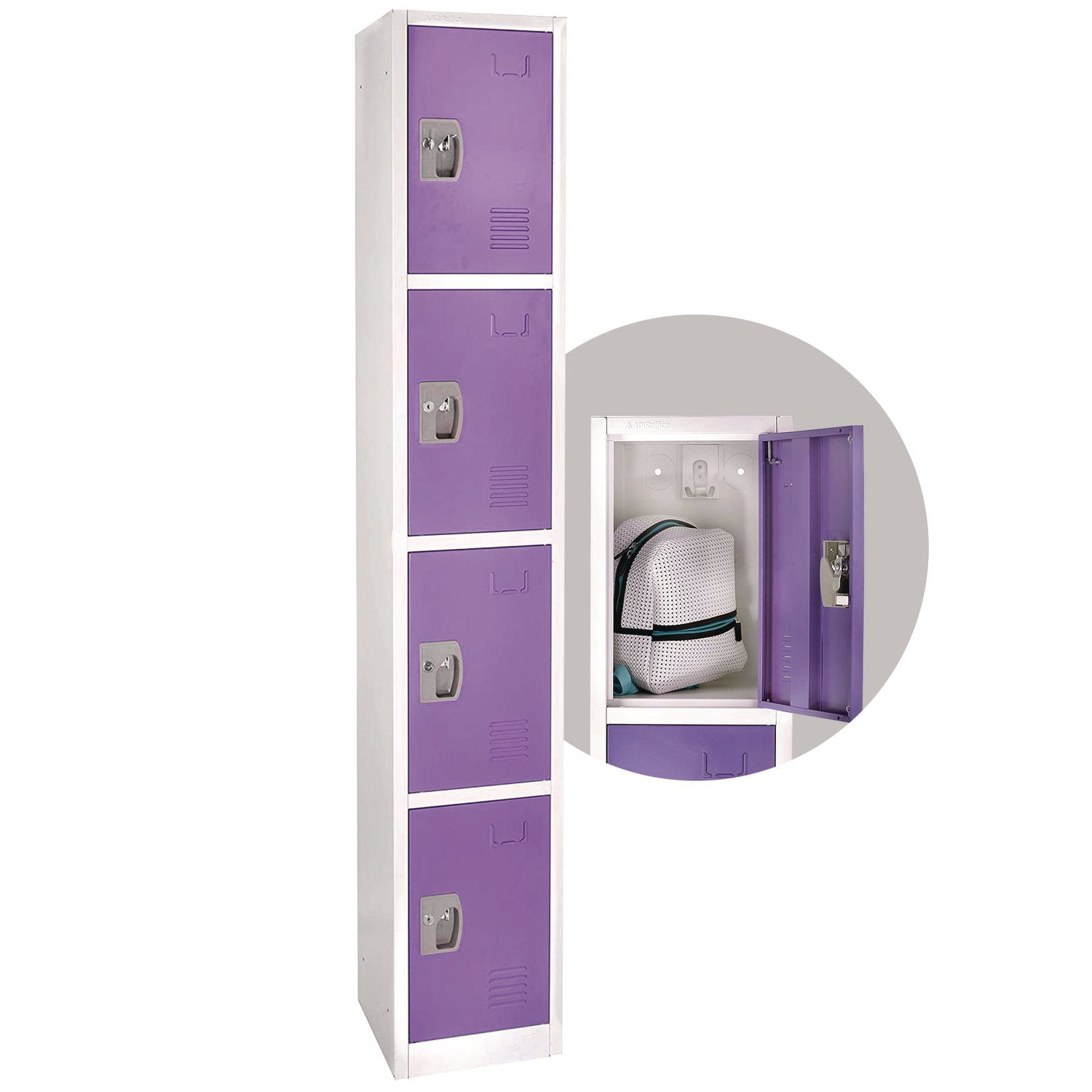 AdirOffice 4 Compartment Steel Storage Locker - 12x12x72 Inches, Purple - Perfect for Schools, Gyms & Office Organization