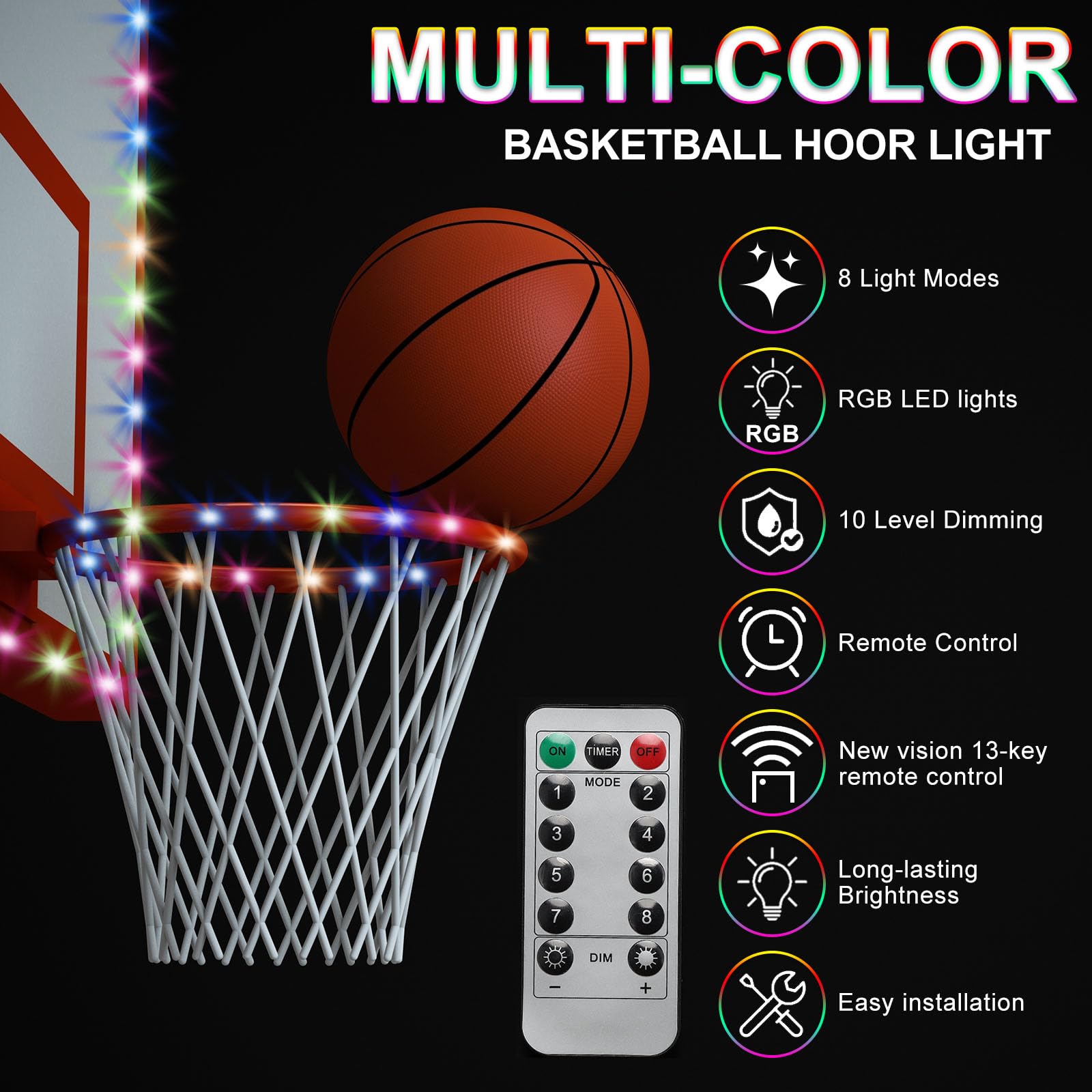 PATIKIL LED Basketball Hoop Light Set with Remote Control - Glow in The Dark Basketball Rim & Backboard Lights for Outdoor Night Games, Backyard Fun, and Luminous Nighttime Practice