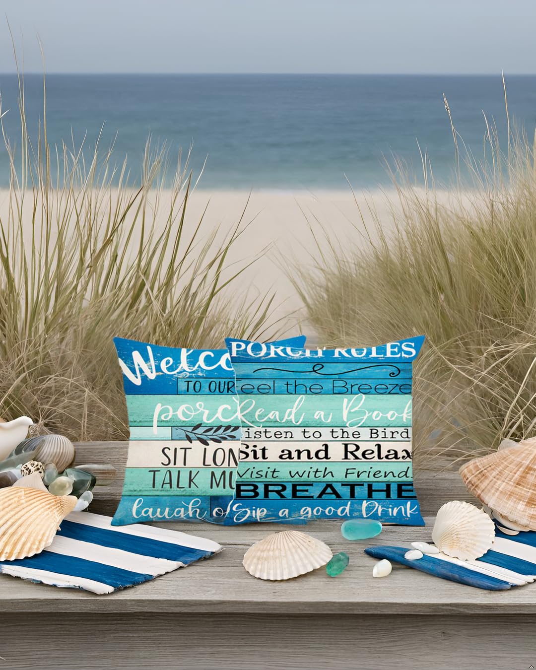 Waterproof Outdoor Pillow Covers 18x18 Inch - Turquoise Blue & Beige Woodgrain Design for Patio Furniture, Coastal Farmhouse Decor (Set of 2) | Perfect for Porch, Garden, Poolside & Outdoor Living Spaces