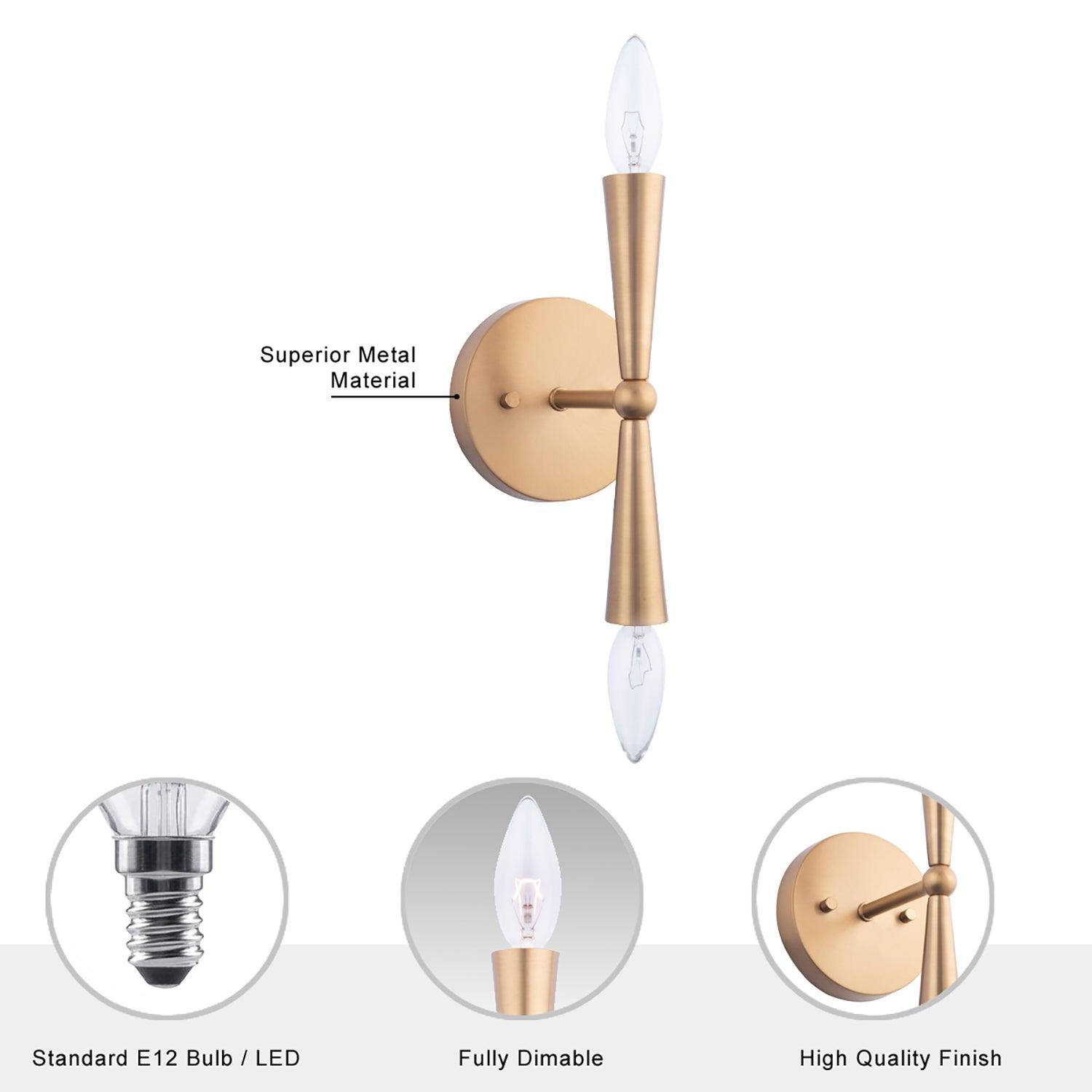 Vintage Gold Wall Sconce - Mid Century Modern 2-Light Fixture for Bedroom, Living Room & Hallway Lighting