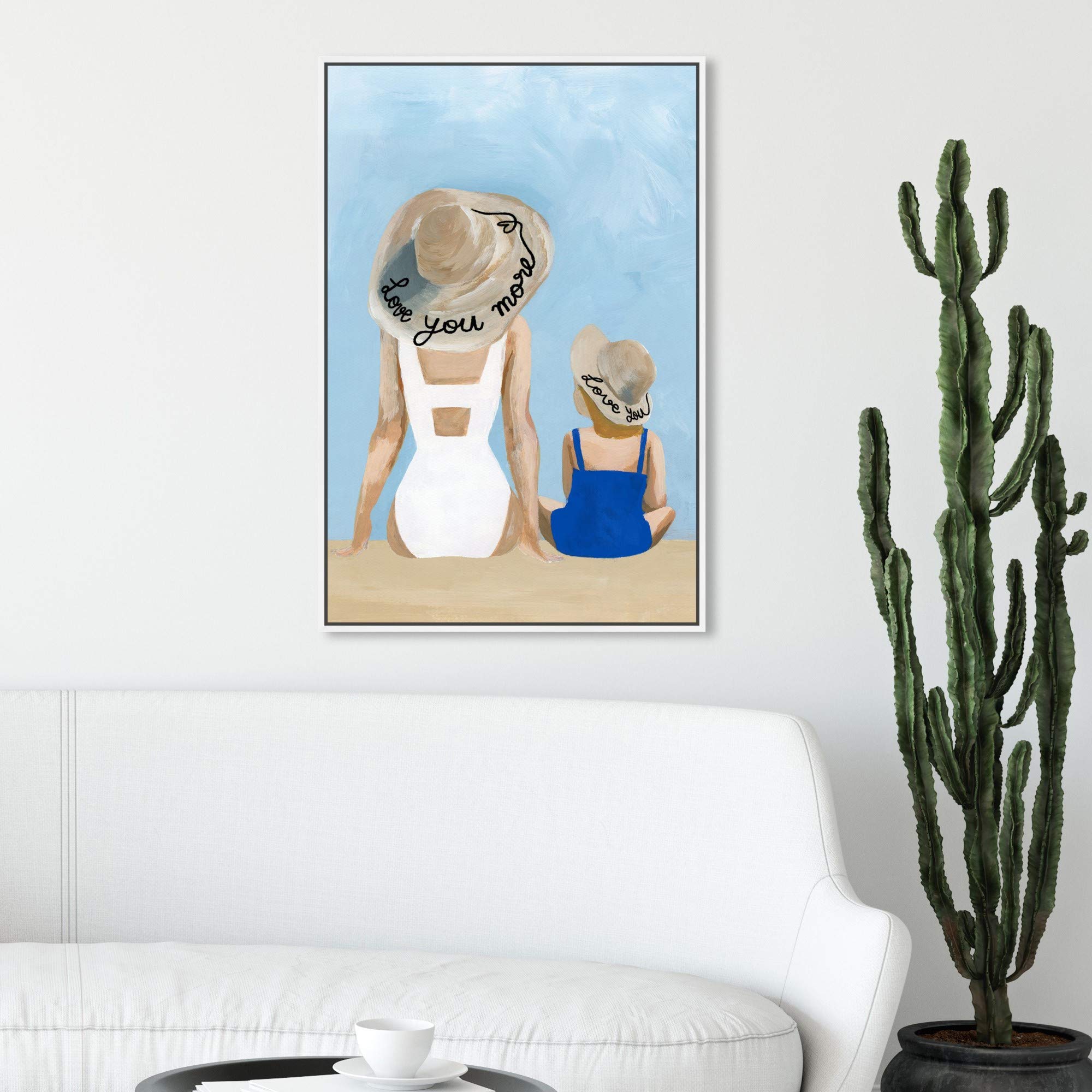 Oliver Gal Artist Co. 'Love You More' Swimsuit Wall Art - 20x30 Inch Blue & White Framed Canvas Print for Beach House Decor, Bedroom & Bathroom Wall Decor - Fashion Glam Home Décor