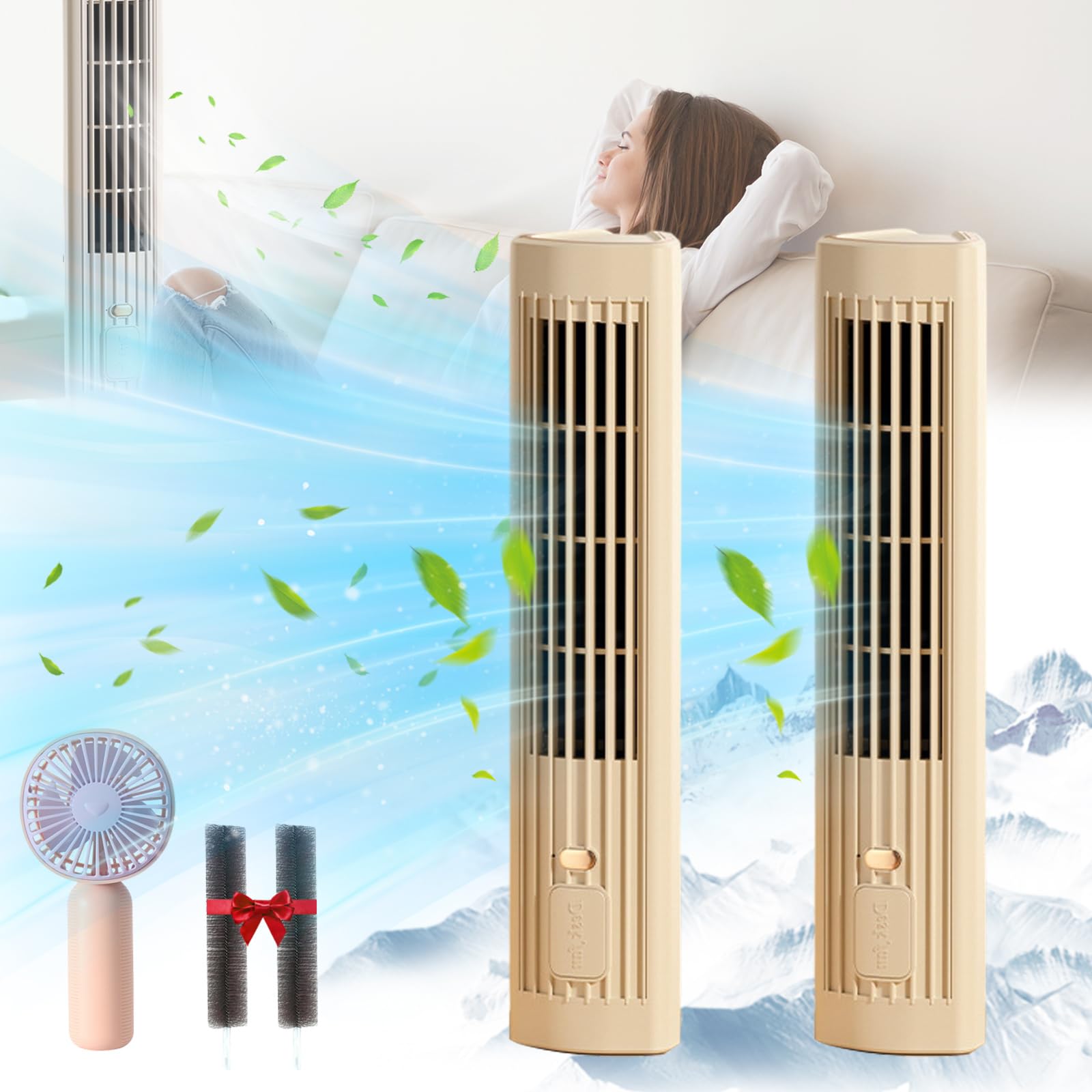 Sherum Cooling Ace 5.0 Portable Air Conditioner - Quiet 3-Speed Cooling Fan for Bedroom & Office - Compact Personal AC Unit with Energy Efficient Cooling Technology - Perfect for Home, Dorm, Desk, and Workspace Use (2 Pack, Khaki)