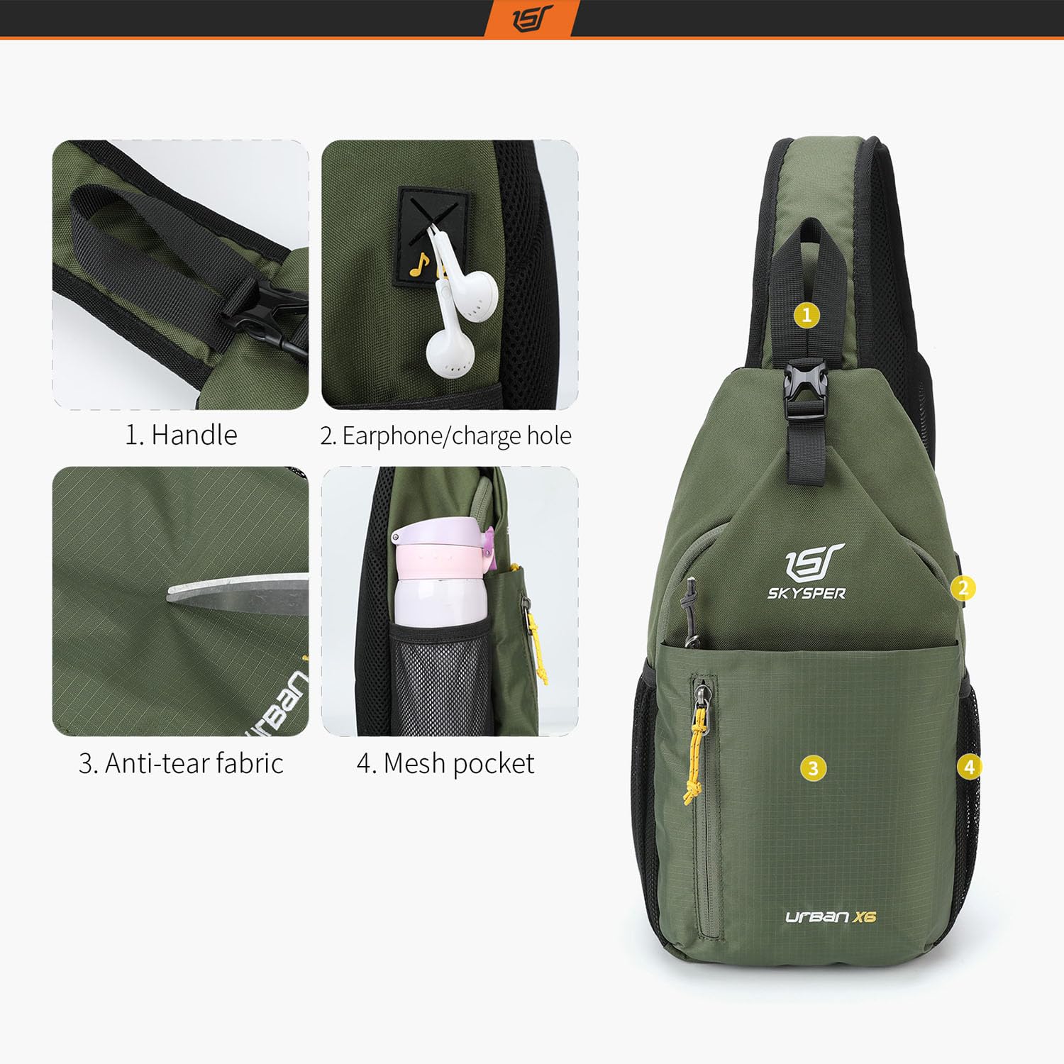 SKYSPER Sling Bag Crossbody Backpack - Lightweight Chest Shoulder Bag for Travel, Hiking & Everyday Use - Unisex Design for Men & Women (Army Green) - Perfect for Commuting, Outdoor Adventures & Casual Outings