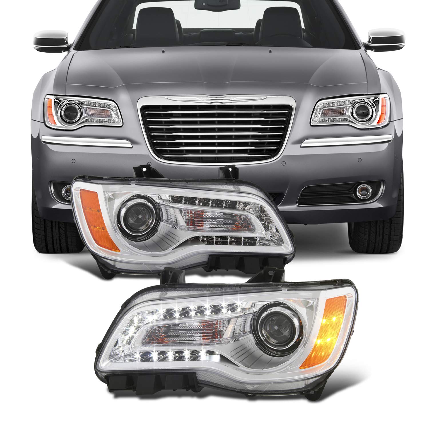 AKKON LED Light Bar for 2011-2014 Chrysler 300 Sedan - Halogen Replacement with Chrome Bezel Projector Headlights (Pair) | Upgrade Your Car Lighting for Night Driving & Enhanced Visibility