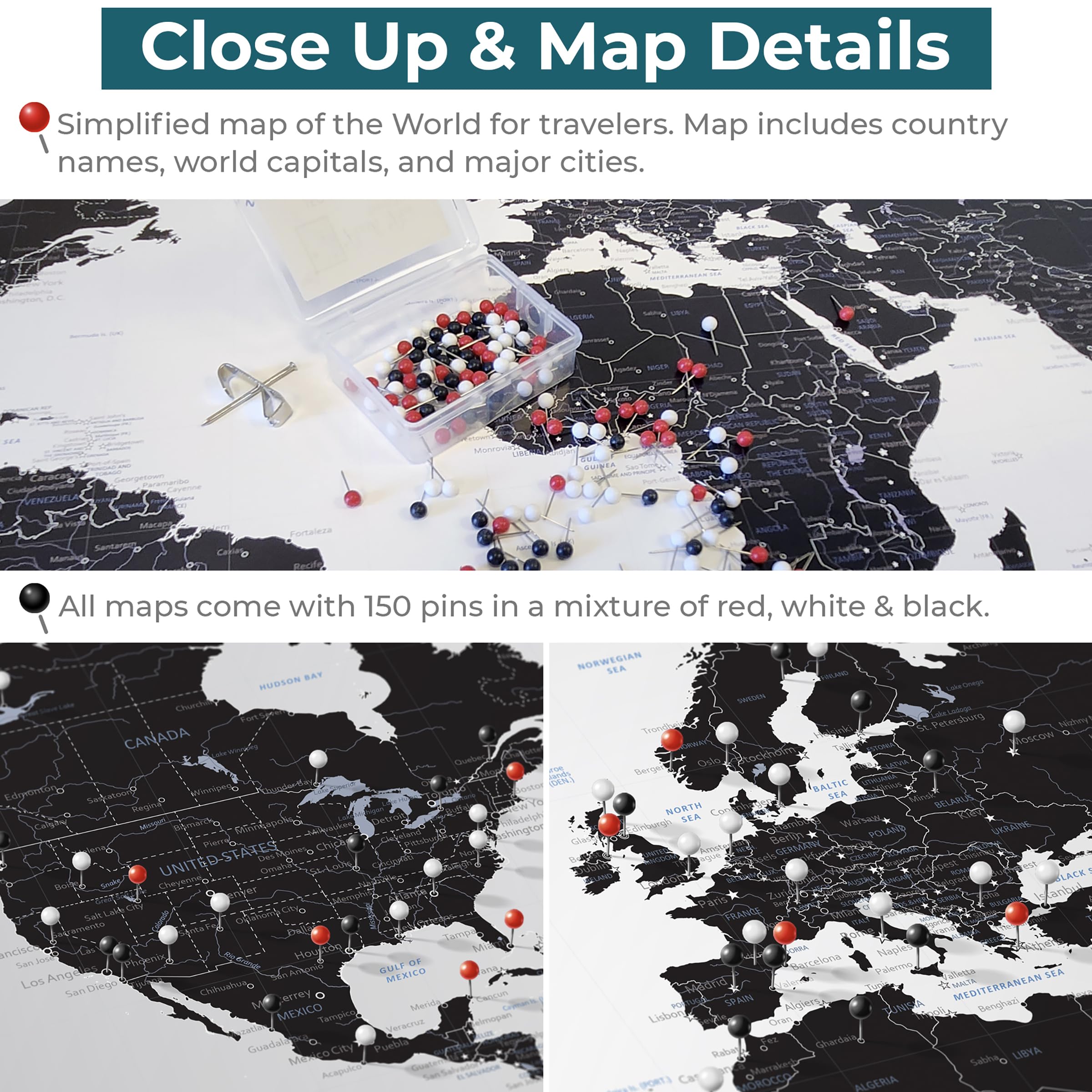 Push Pin Travel Map - Black Ice World - Barnwood Gray Framed Pin Board for Tracking Adventures - 27.5