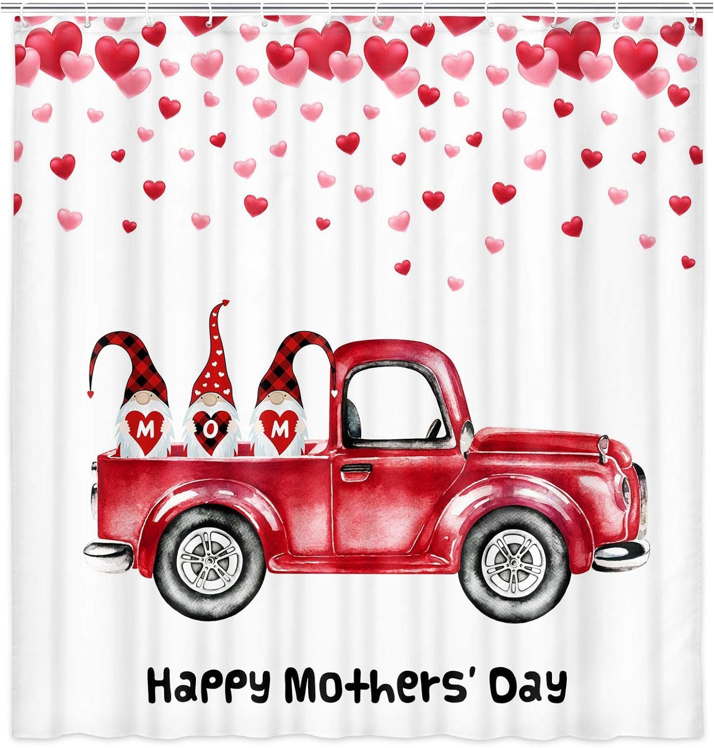 Happy Mother's Day Gnome Shower Curtain - Cute Gnome on Red Truck with Falling Hearts, Red Buffalo Check Plaid Waterproof Bathroom Curtain with Hooks, 71x71 Inch - Perfect for Holiday Gifts & Farmhouse Bathroom Decor