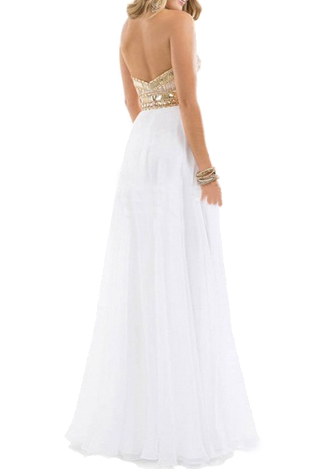 Lorderqueen Women's Sweetheart Neckline White Chiffon Gold Sequin Long Prom Dress for Homecoming, Formal Dances & Special Occasions